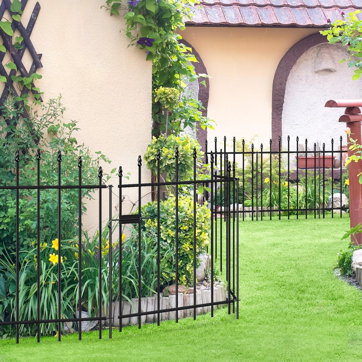 Metal Garden Fence with Gate 32 in H x 12 ft L, 1 Gate + 5 Panels Border Dog Fence Panels Animal Barrier, No Dig Garden Fencing for Yard Patio Flower Bed Lawn Outdoor, Arch Black