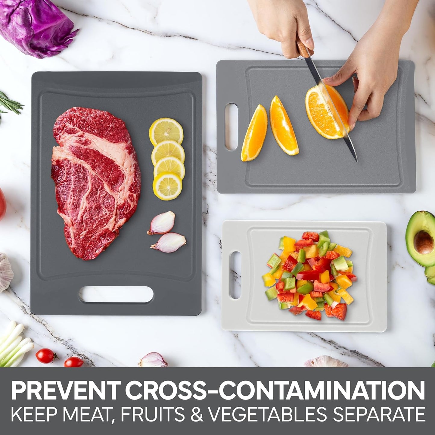 COOK WITH COLOR Non-Slip Cutting Board Set – Kitchen Essentials with Easy Grip Handle for Meat, Veggies, and Fruits, 3 Cutting Boards, Gray