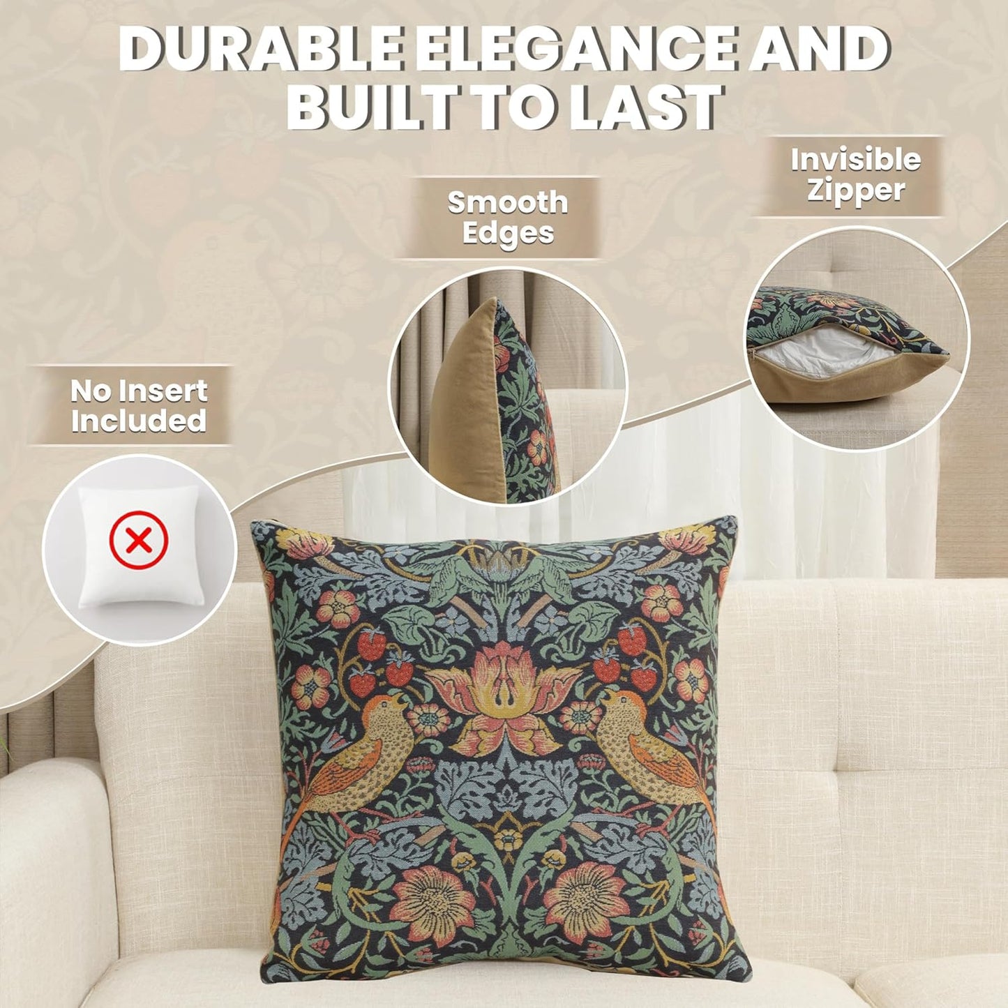 Charlotte Home Furnishings Throw Pillow Covers, Decorative Boho Pillow Covers for Couch, Living Room, Blue Strawberry Square Cushion Cases 18x18 in, European Cotton Jacquard Woven, Cozy Bedroom Decor