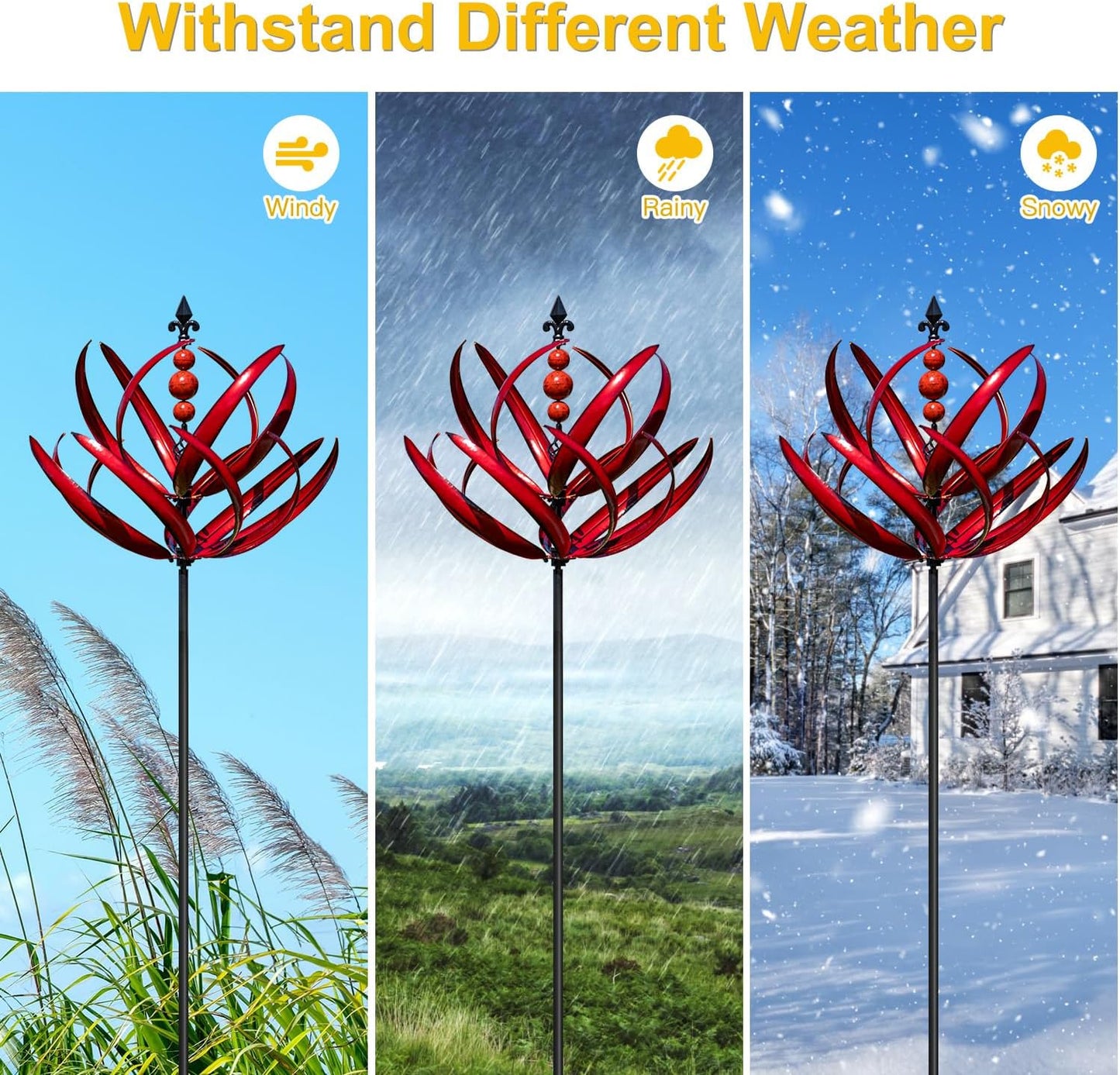 LimeHill Wind Spinner for Garden and Yard - Large Metal Kinetic Wind Sculptures for Outdoor Decor (91 Inches, Burgundy Lotus)