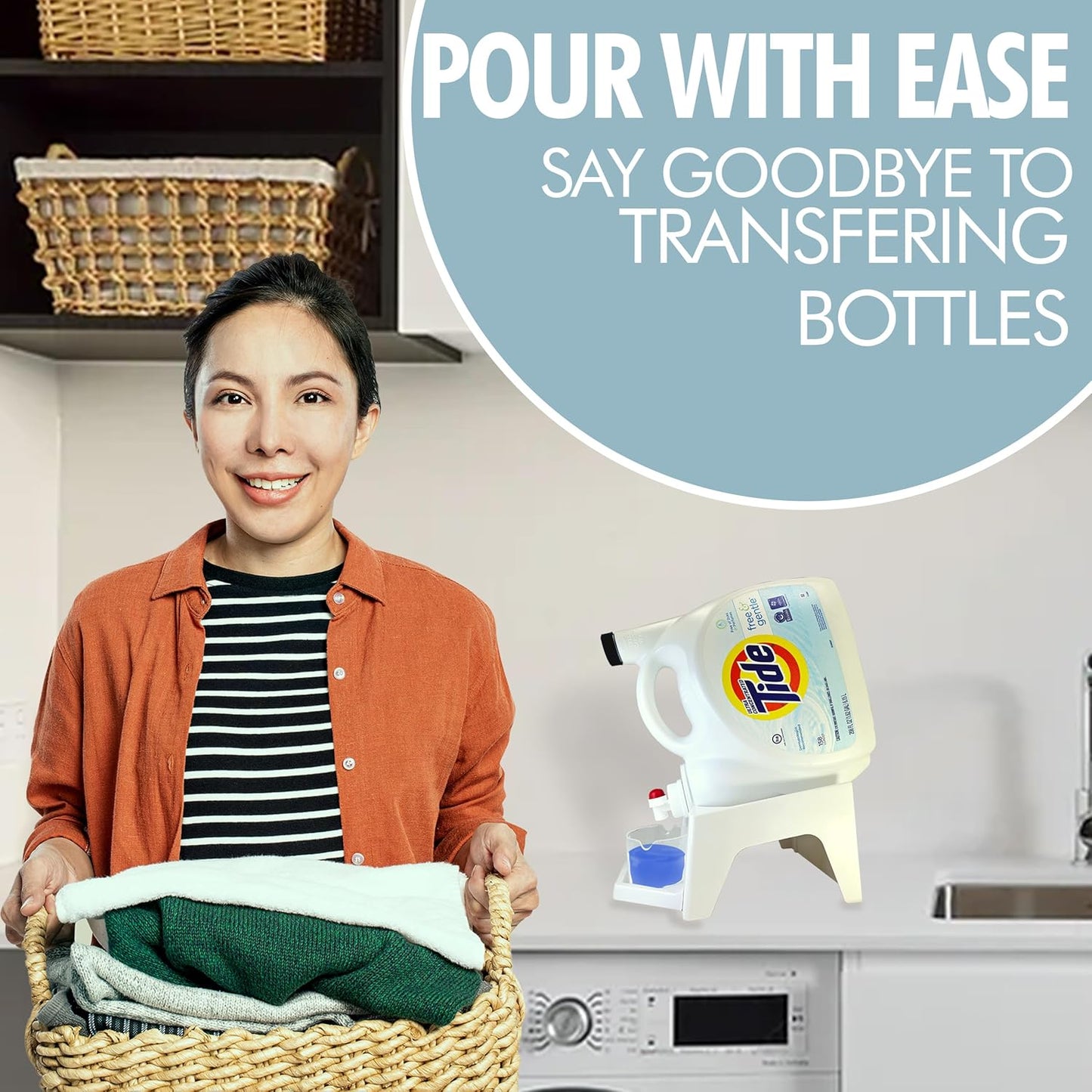 TidyFriend Laundry Detergent Dispenser with Tray & Strap, Laundry Soap Dispenser with Non-Slip Rubber Feet for Washing Room Organization, Easy Pour (White)
