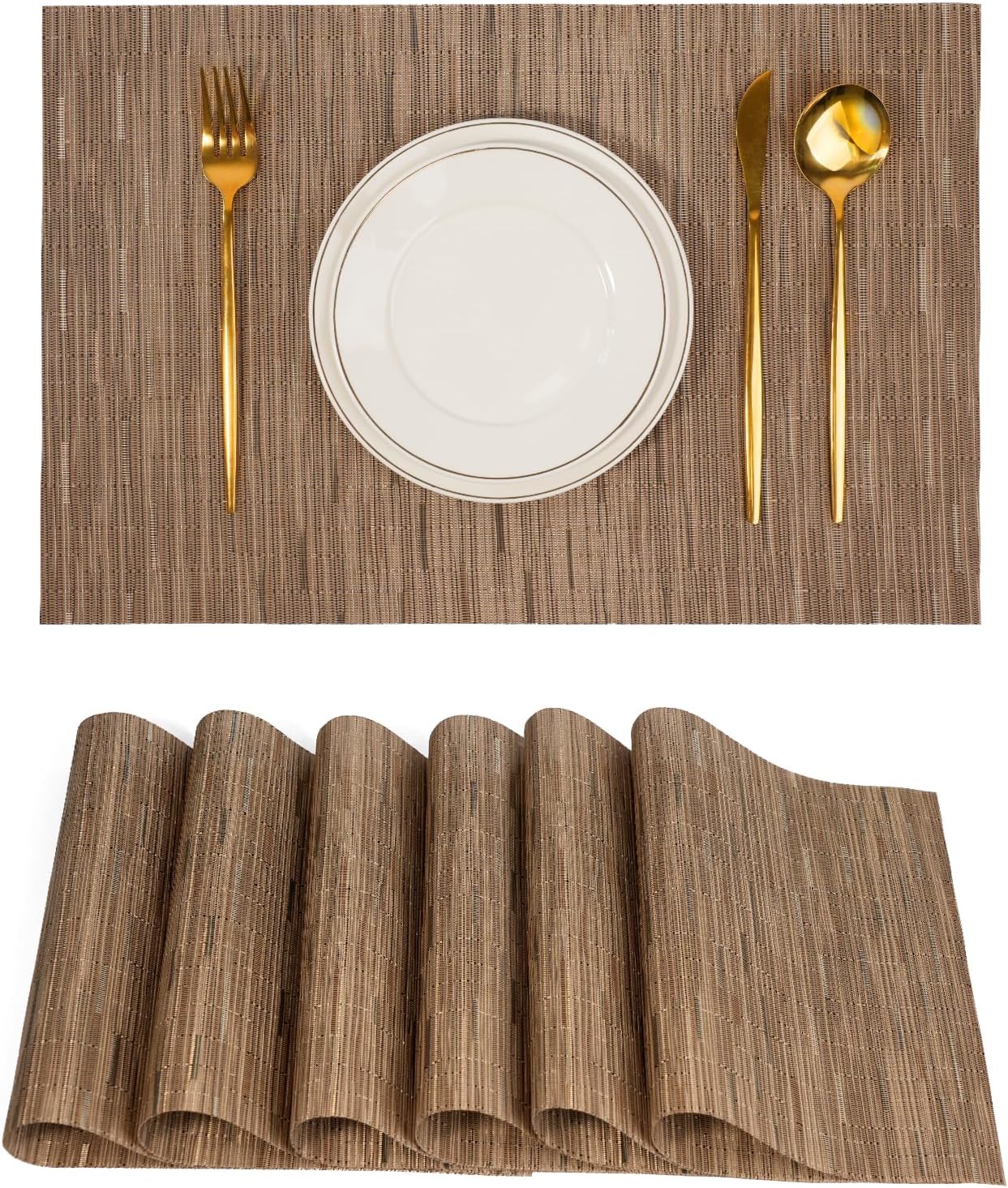Placemats Set of 6,Non-Slip PVC Weave Table Mats Easy to Clean,Heat Resistant Place Mats for Kitchen Dining Table Decoration Indoor Outdoor,Light Brown