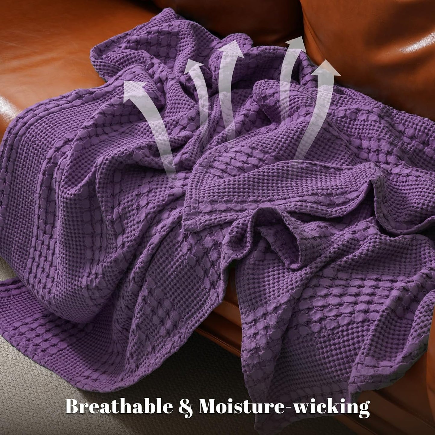 PHF 100% Cotton Waffle Weave Blanket Queen Size, Soft Lightweight Breathable Cozy Summer Blankets for Bed, Luxury Aesthetic Woven Bedding for Home Decor, 90"x90", Grape Purple
