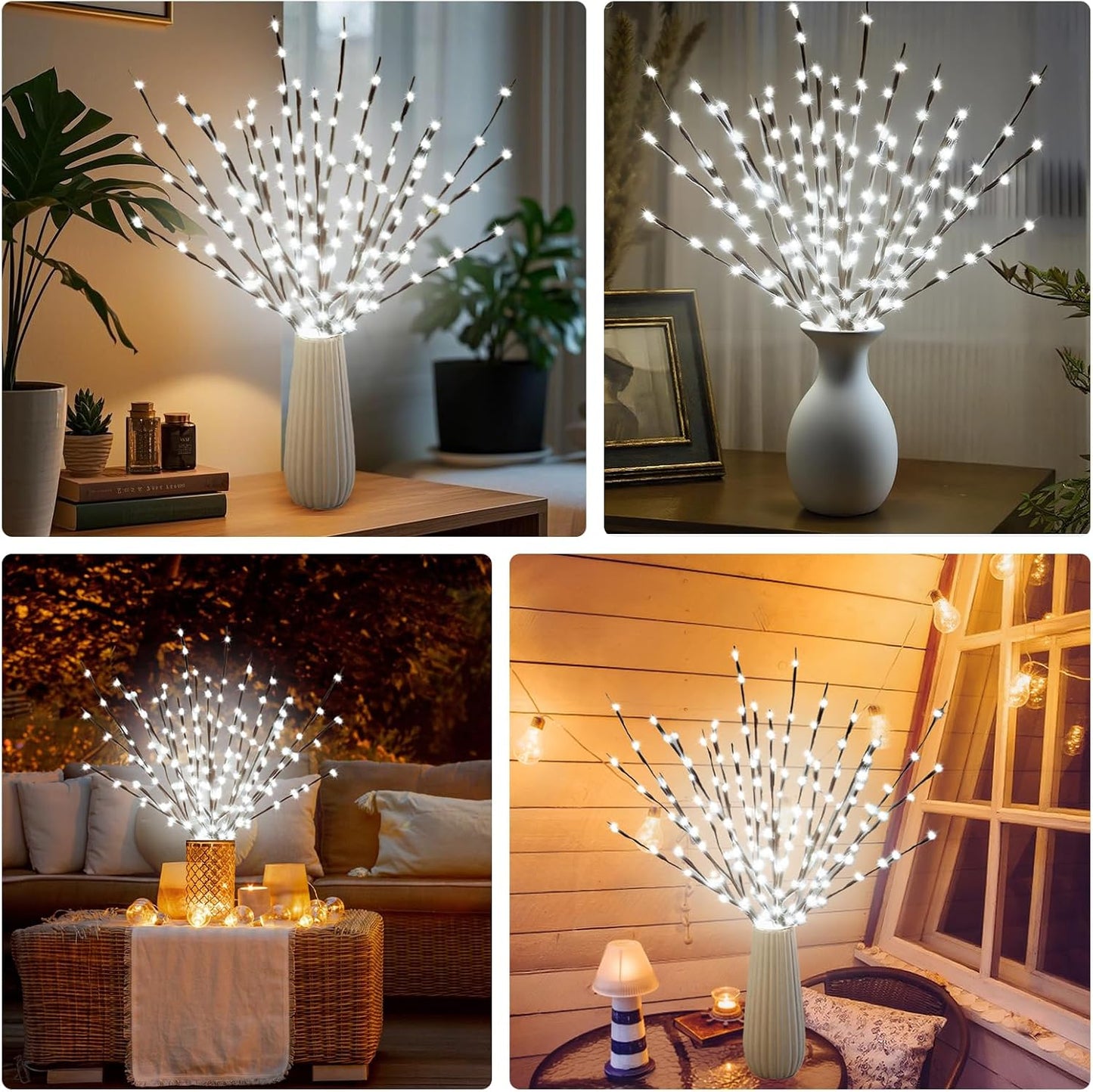 DK177 4 Pack Led Branch Light Battery Operated Lighted Branch Vase Filler Willow Tree Artificial Little Twig Power Brown 30 Inch 20 LED for Home Romantic Decoration, White