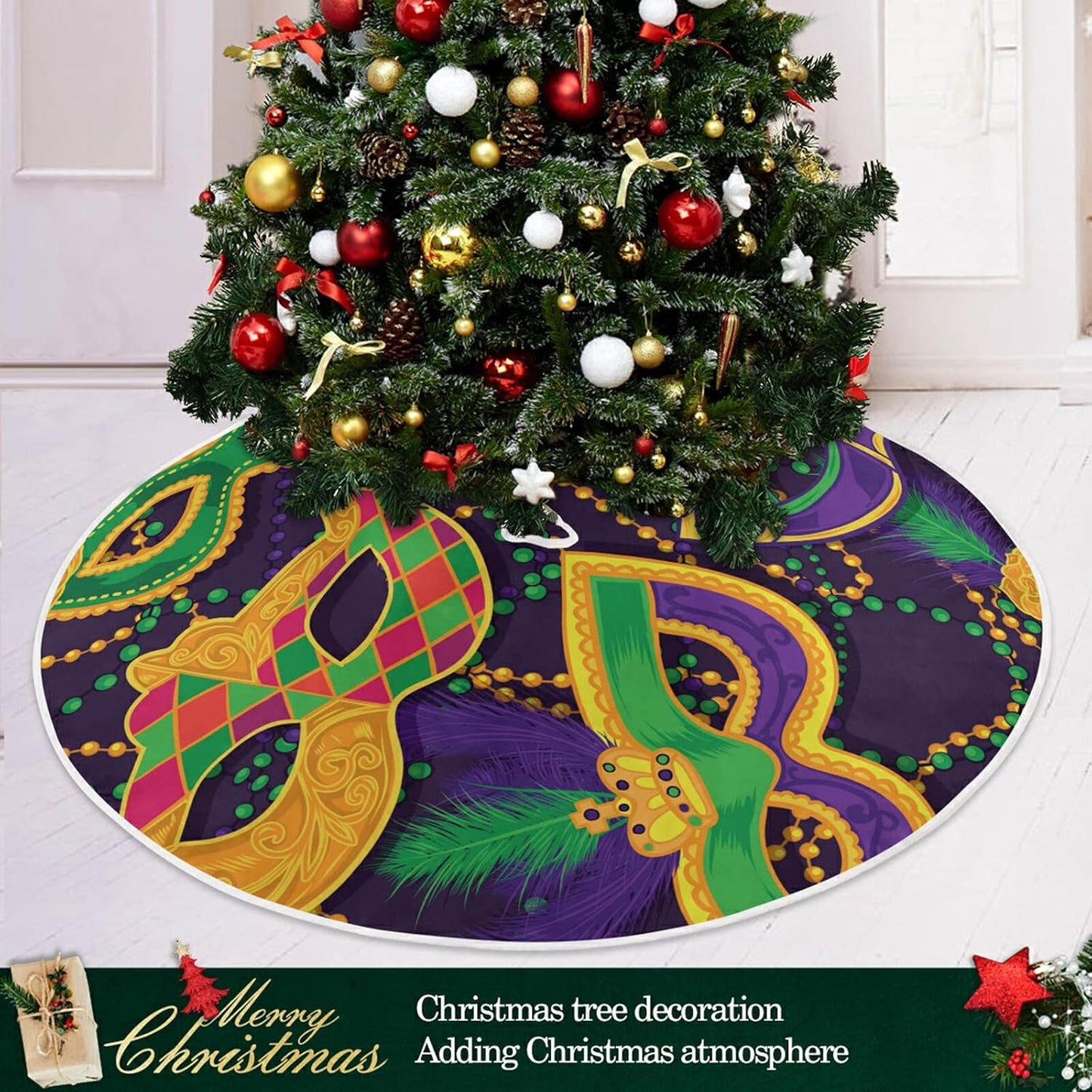 Mardi Gras Colorful Mask Tree Skirt, Seasonal Tree Mat Holiday Party Supplies Ornaments Indoor Outdoor Decorations for Tabletop Trees 47.2 Inches