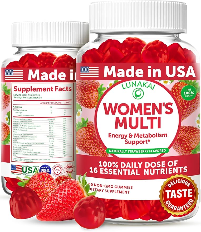 Lunakai USA Made Women’s Multivitamin Gummies 100% Daily 16 Essential 60ct