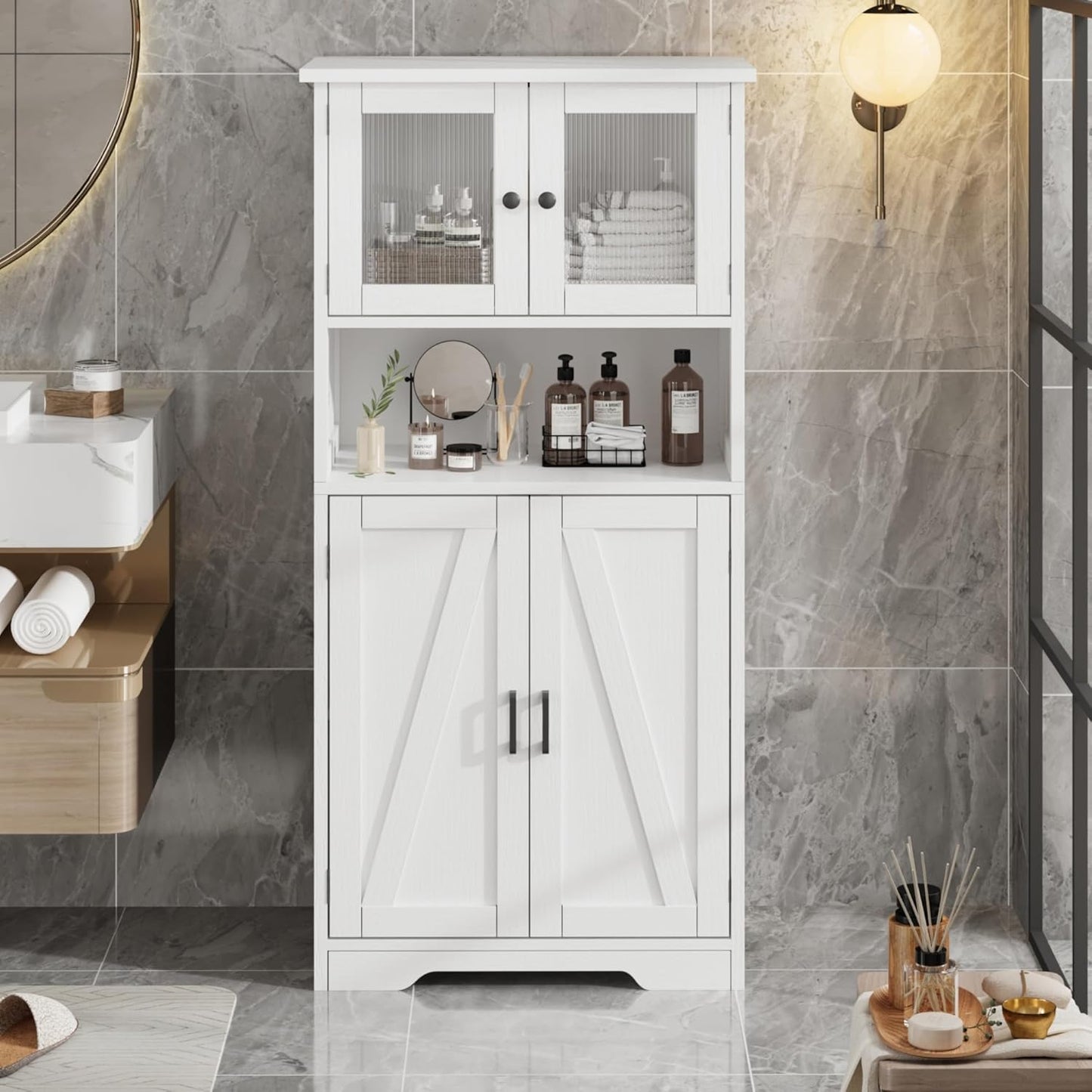 GarveeHome 54in Tall Bathroom Cabinet, Farmhouse Storage Cabinet with Glass Doors and Adjustable Shelves, Freestanding Kitchen Pantry Cabinets, Cupboard for Living Room, Dining Room, White