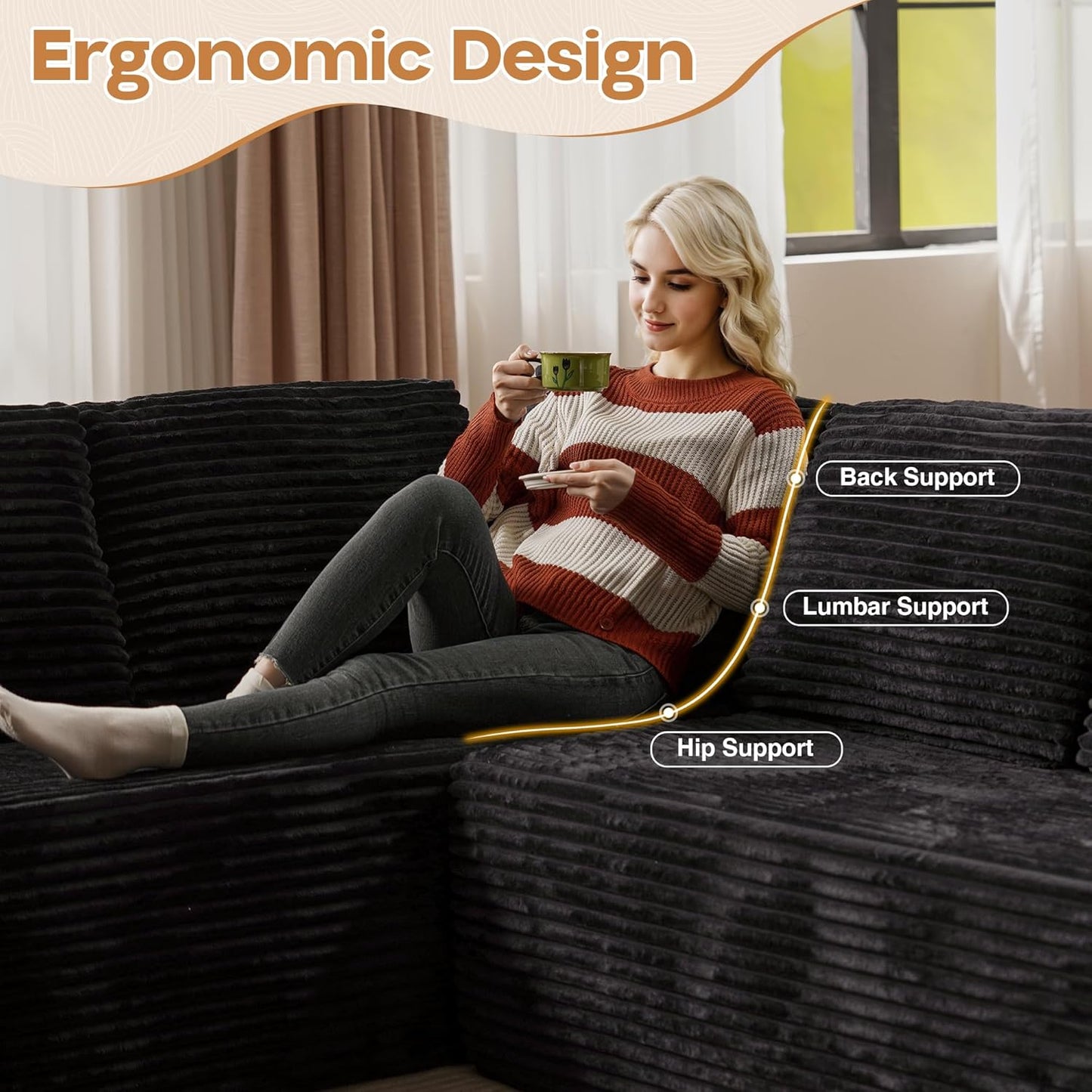 Cloud Sectional Couches for Living Room,G Shaped Modular Sofas No Assembly,135x133 Inches Plush Corduroy Oversized Floor Couch Set with Deep Seat Chaise,Black