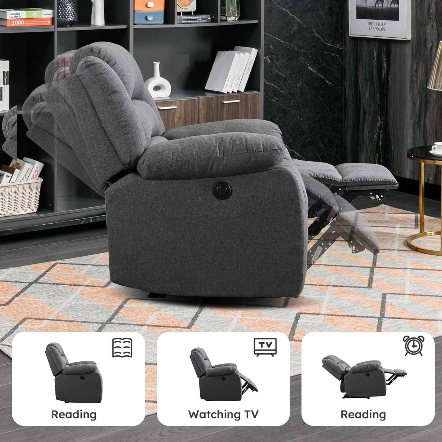 EBELLO Classic Power Recliner Chair, Oversized Electric Reclining Chair with Overstuffed Cushion and Back, Soft Fabric Adults Single Recliner Sofa for Living Room, Grey