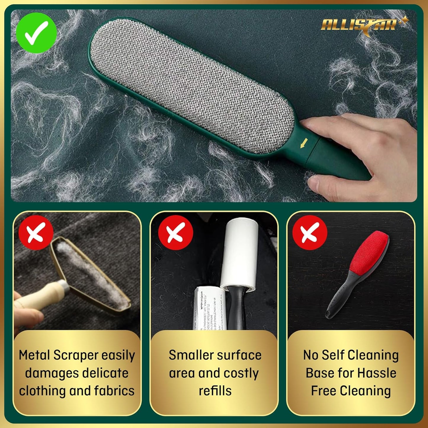 Pet Hair Remover, Lint Remover, Lint Brush for Clothes, Furniture, Carpets, Car Seats. Cat Hair Remover. Dog Hair Remover Laundry. Double-Sided. Reusable. Self-Cleaning Base. ALLISTAR (Forest Green)