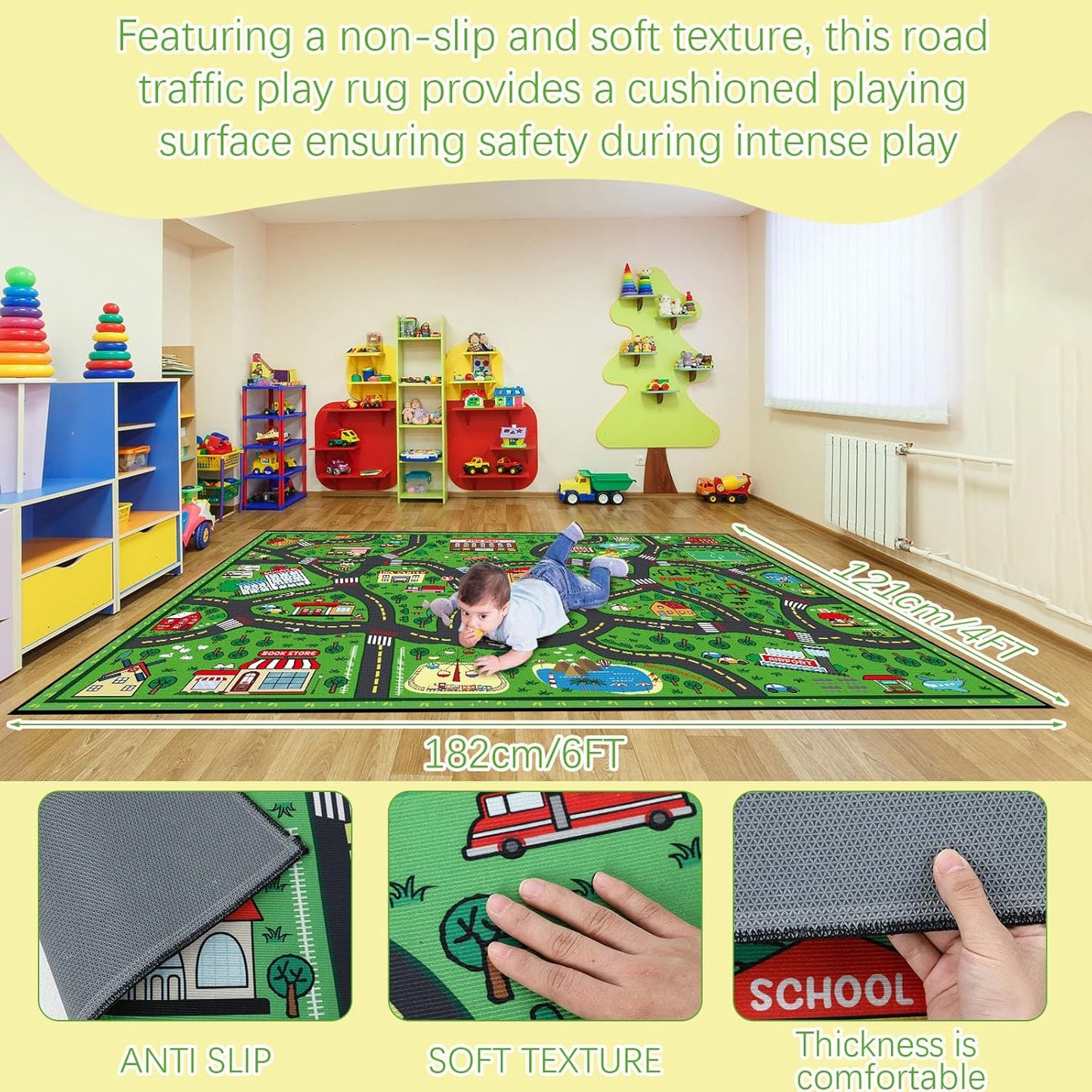 Kids Carpet Playmat Rug 4 x 6 ft Player Car Rug, City Life Traffic Road Map Mat Educational Game Area Mat for Toddler Children Playroom Classroom Bedroom(Green)