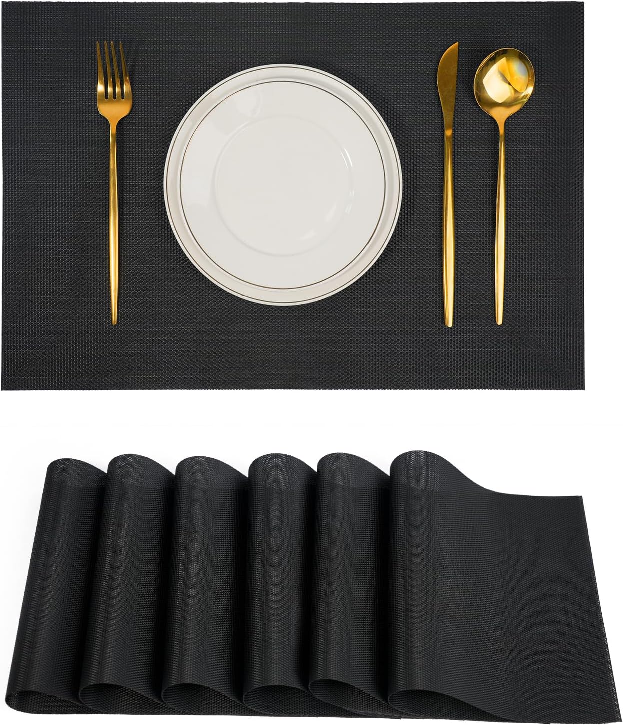 Placemats Set of 6,Non-Slip PVC Weave Table Mats Easy to Clean,Heat Resistant Place Mats for Kitchen Dining Table Decoration Indoor Outdoor,Black