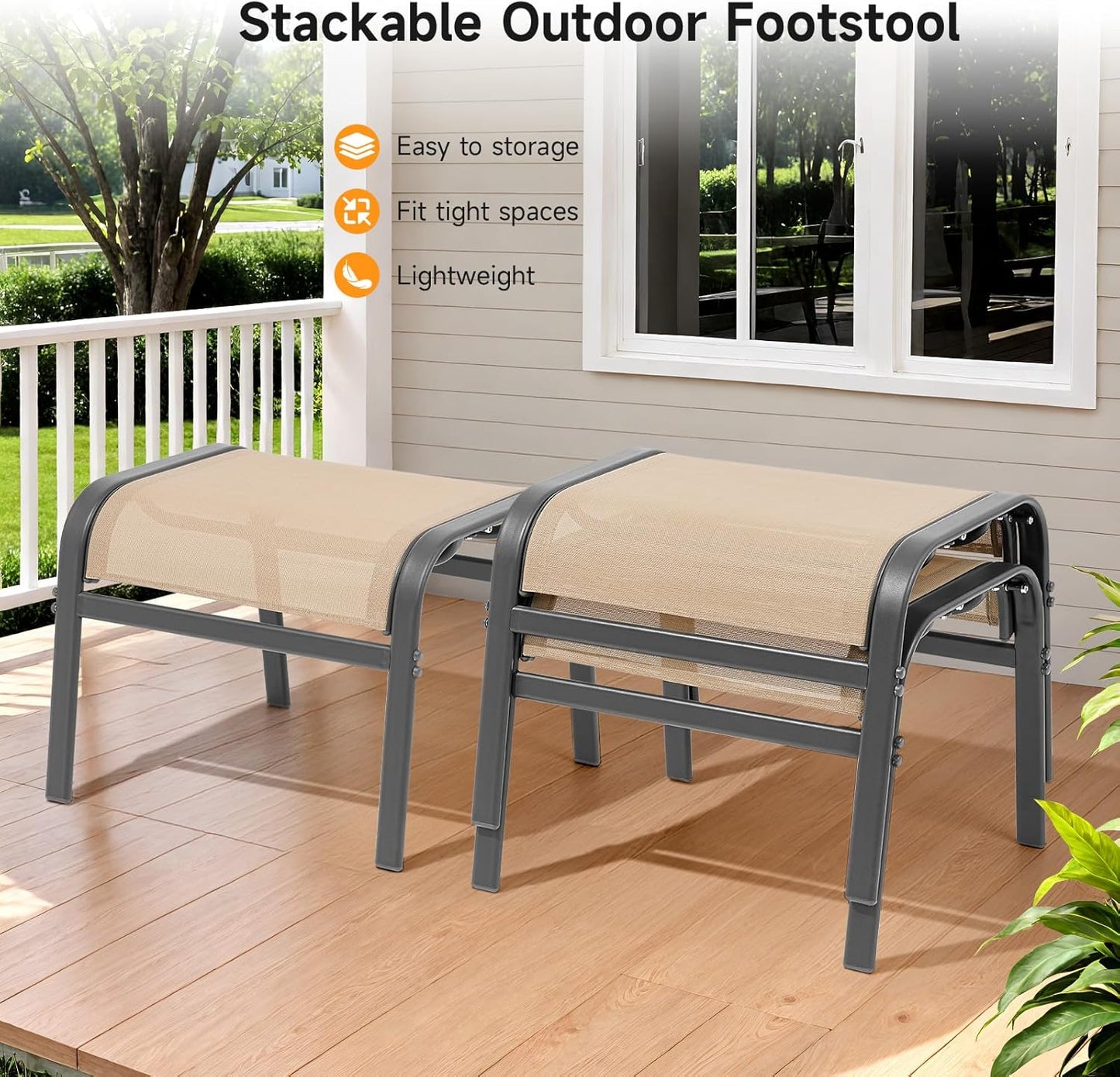 Outdoor Ottoman Set of 2, All Weather Outdoor Foot Stool with Supportive Textliene and Metal Frame, Stackable Oversized Outdoor Foot Rest for Furniture Patio Garden Pool, Beige