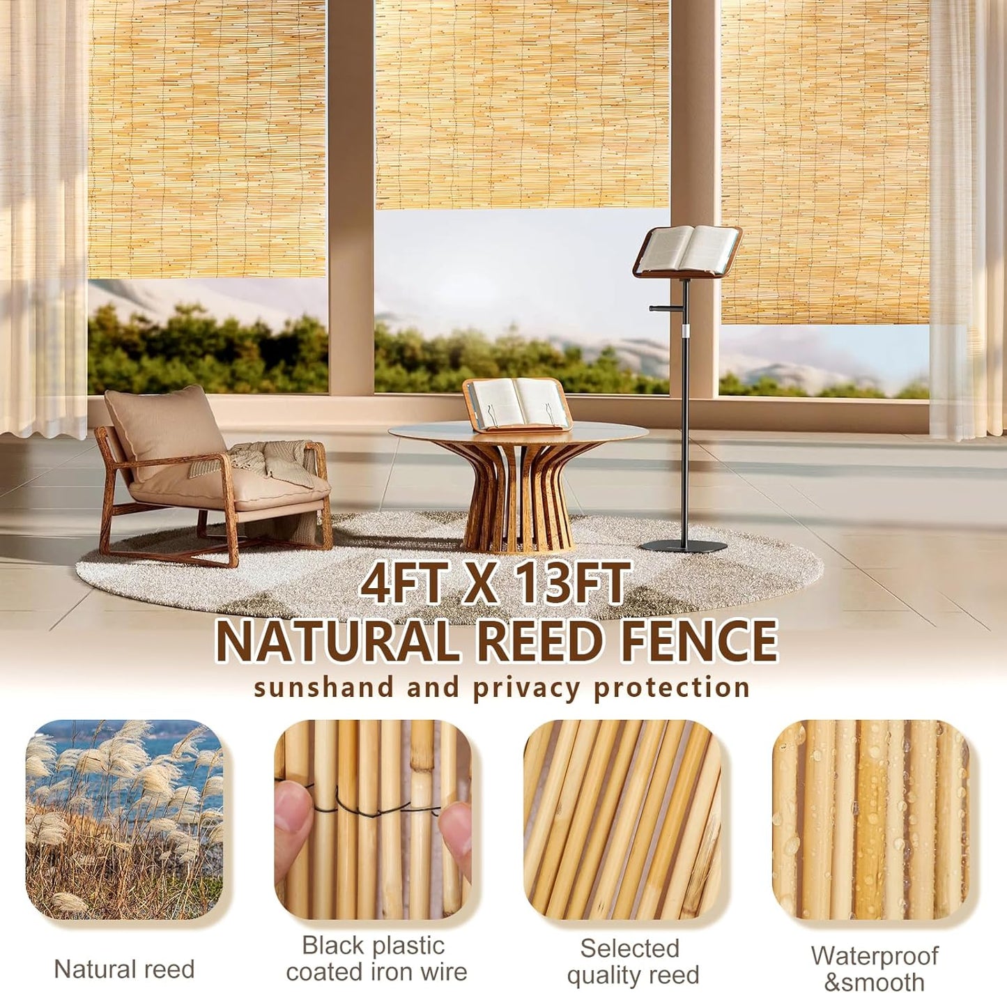 Natural Reed Fencing, Reed Screen Curtain Eco-Friendly for Garden,Balcony,Outdoor,Backyard Patio Decors Fence Rolls-4FT x 13FT (1.2m x 4m Approx)