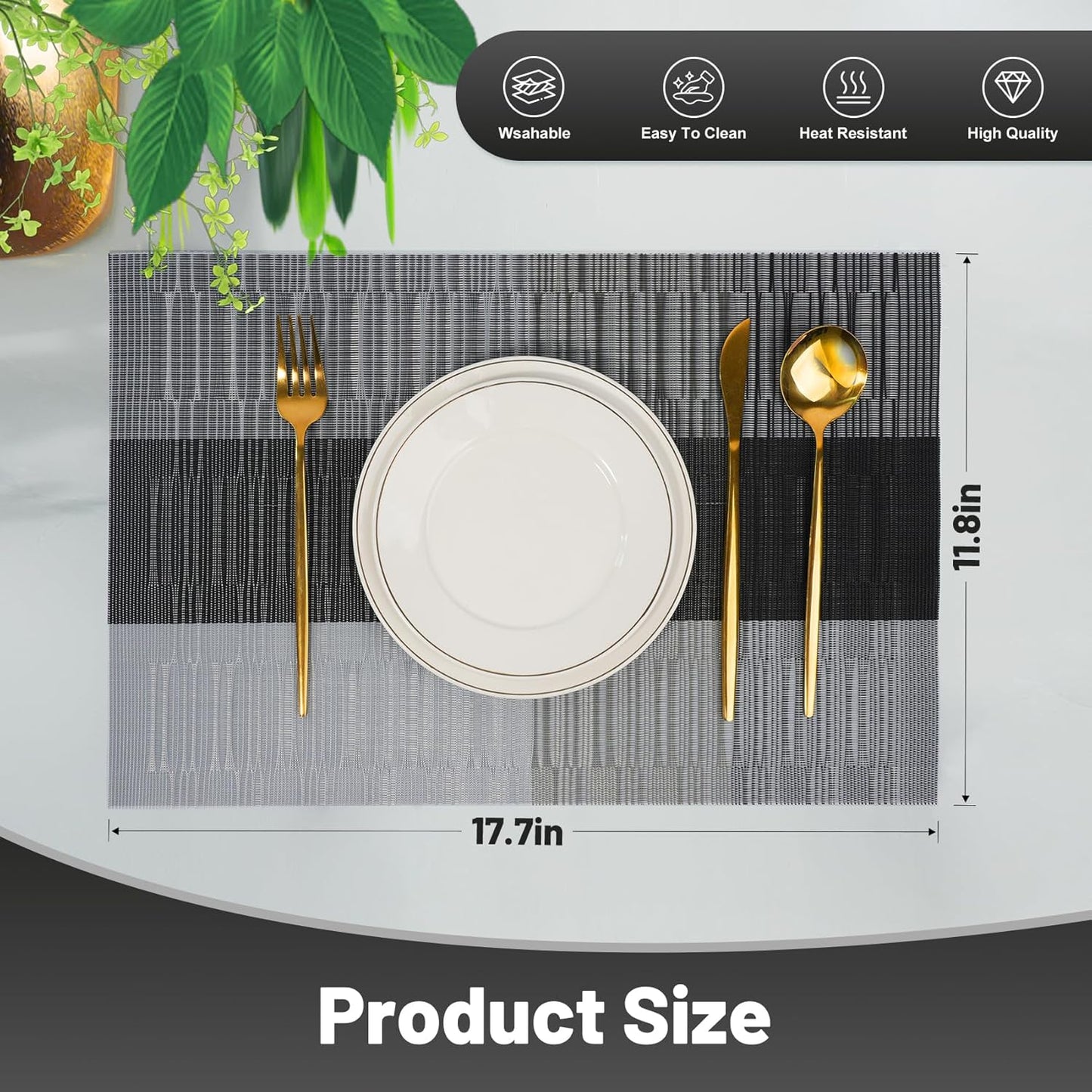 Placemats Set of 6,Non-Slip PVC Weave Table Mats Easy to Clean,Heat Resistant Place Mats for Kitchen Dining Table Decoration Indoor Outdoor,Black Gray