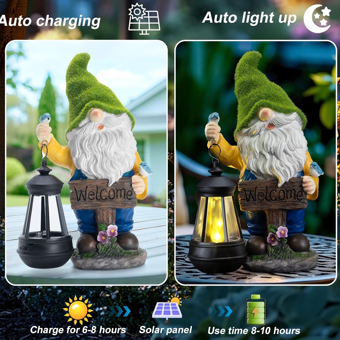 Garden Gnome Outdoor Statues with Solar Lights,Resin Flocked Solar Gnome Statue Holding Lantern,Outdoor Gnomes Decorations for Garden, Patio Gnome Gifts for Mom