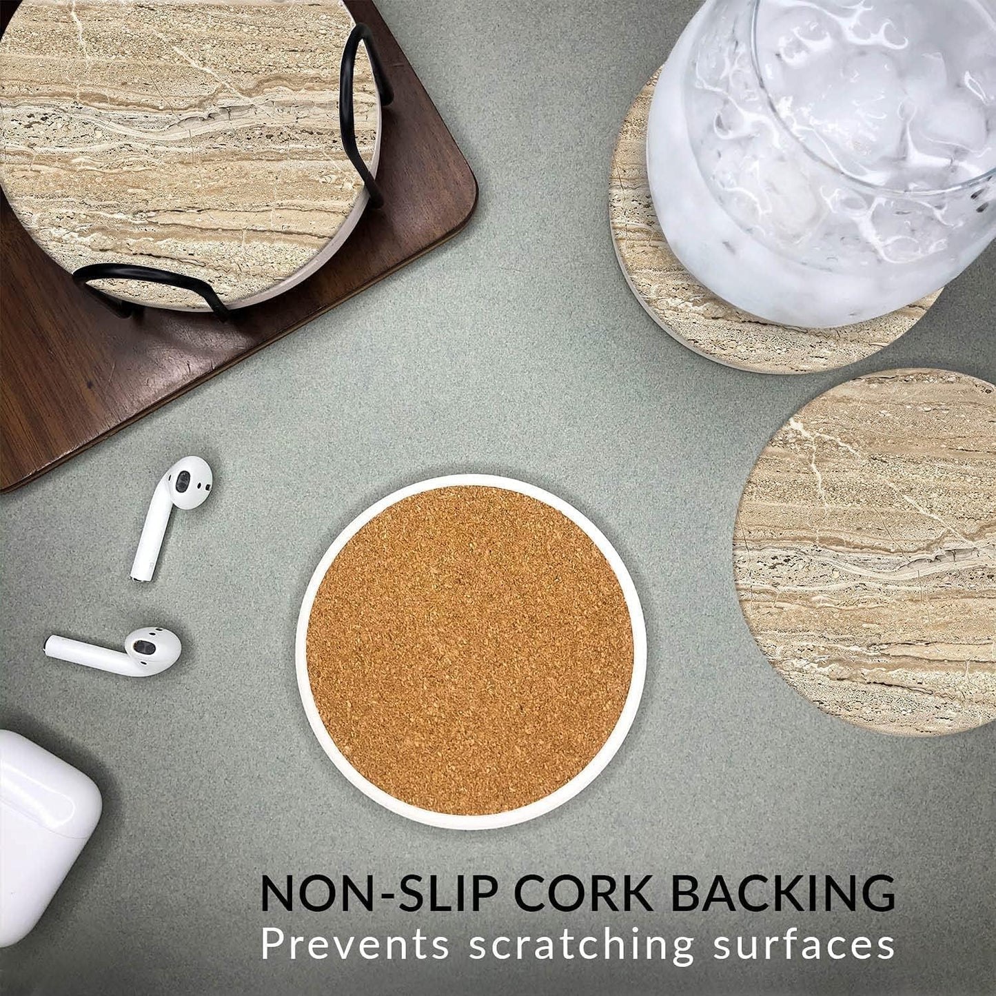 Emerson Coasters for Drinks Absorbent – Natural Stone Drink Coasters Set with Holder, Coasters for Coffee Table, Wooden Tabletop Protection Marble Style – 100% Heavy Duty Set of 6 (Sandstone)