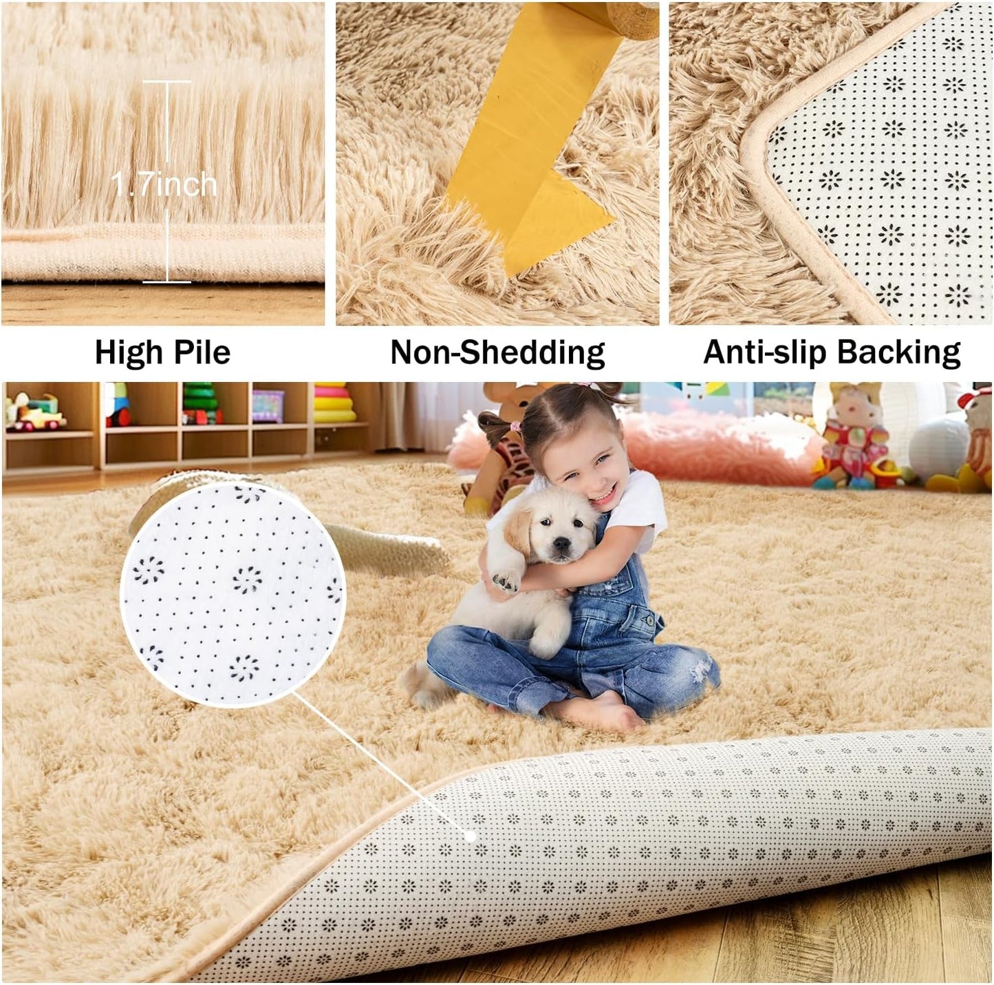 Rezutan Fluffy Rug for Living Room Bedroom, Large Comfy Modern Shaggy Fuzzy Kids Rug, Plush Indoor Nursery Classroom Home Decor Bedside with Non-Slip Bottom, Camel, 5X7 Feet