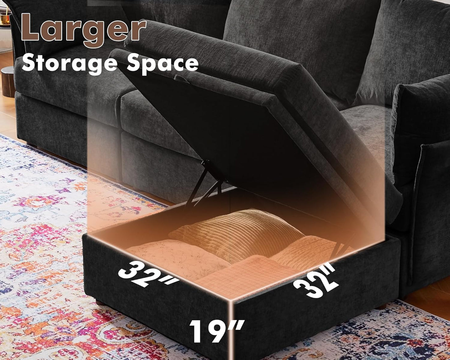 Luxury Modular Sectional Sofa, L-Shaped 3-Seat Couch with Storage Ottoman Deep Seat & Reversible Chaise Lounge Chenille Black for Compact Spaces, Apartments, Dorm