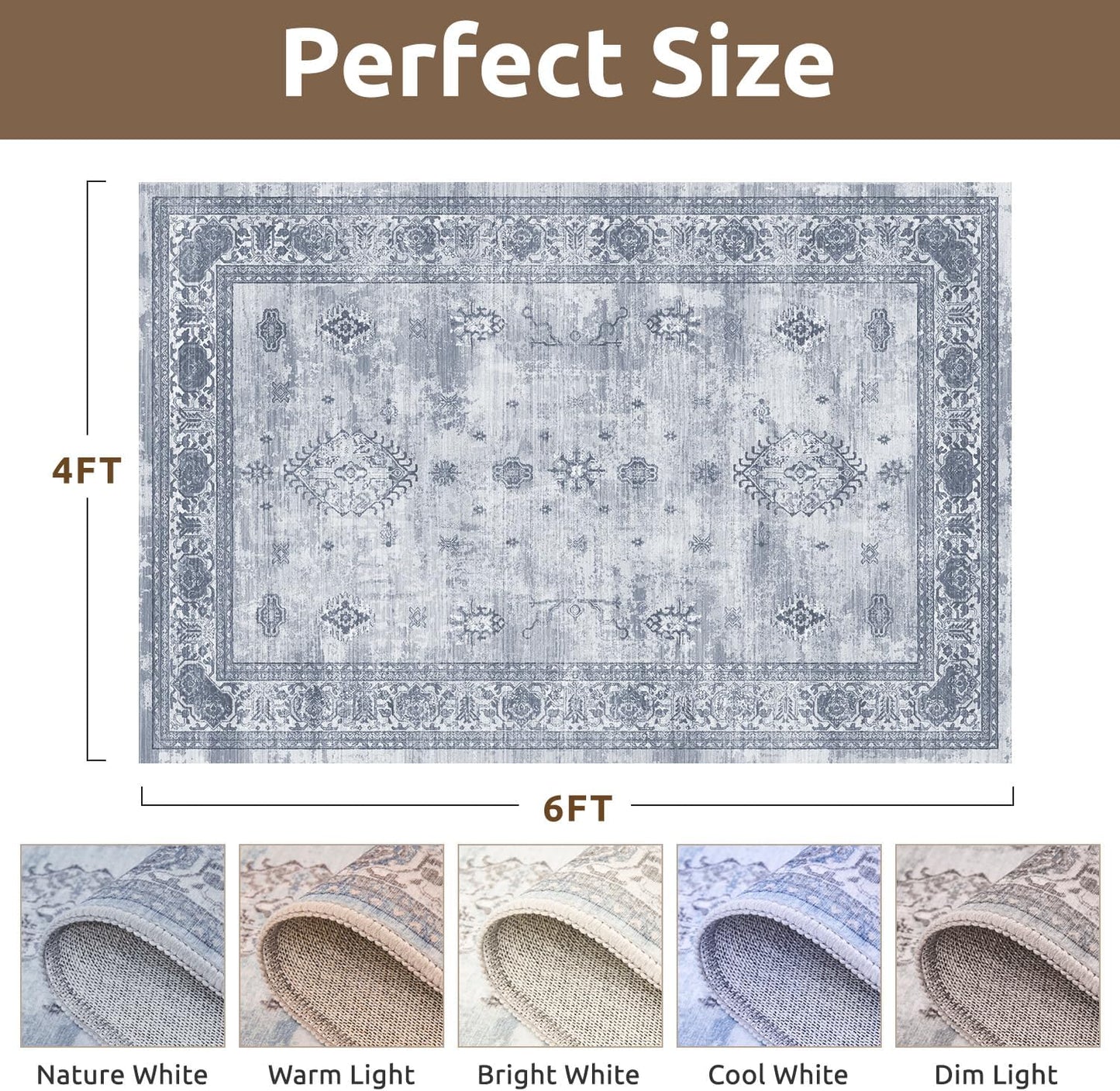 AMOAMI-Vintage Area Rug 4x6 Blue Rugs for Living Room-Soft Living Room Rug Non Slip Rugs for Bedroom Carpet Machine Washable Rug for Dining Room Bedside Office Room Decor