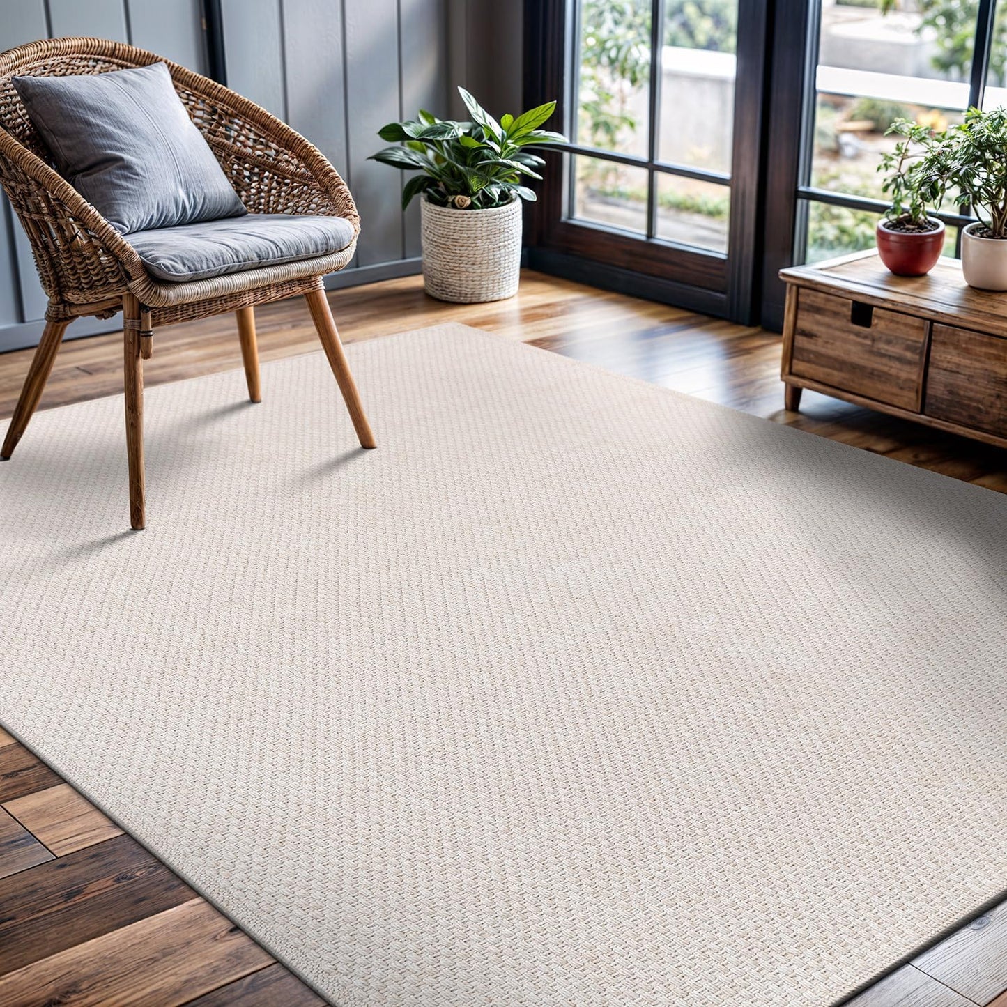 CAMILSON Easy Jute Rug 4x6, Indoor Outdoor Off-White Farmhouse Area Rugs for Living Room Patio and Kitchen Rug, Solid Woven Design, Easy-Cleaning, Washable Outside Carpet Alfombras (4 x 6)