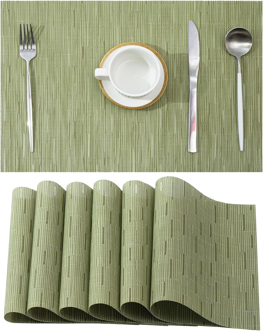 Leetaltree Pea Green Placemats Set of 6 - Heat Resistant Non-Slip Place mats for Dining Table, Washable Durable PVC Vinyl Woven Table Mats(Pea Green, 6)