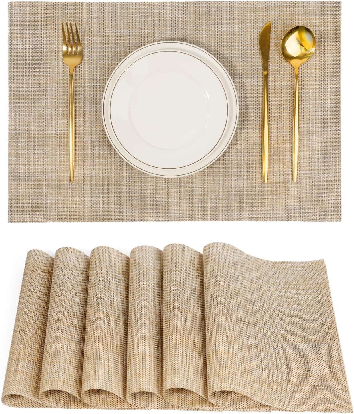 Placemats Set of 6,Non-Slip PVC Weave Table Mats Easy to Clean,Heat Resistant Place Mats for Kitchen Dining Table Decoration Indoor Outdoor,Beige