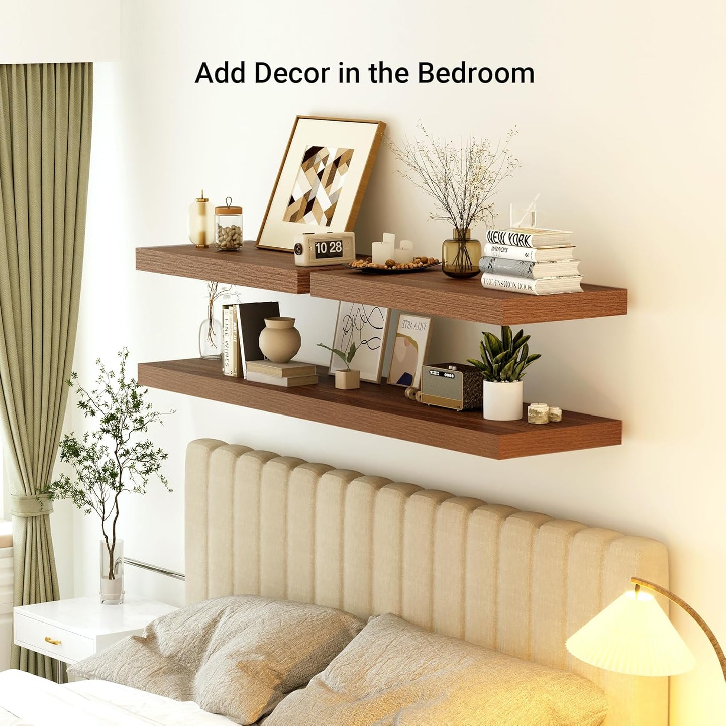 Heimlove 24 x 12 Inch Deep Floating Shelves Wall Mounted with Invisible Brackets,Storage Hanging Shelf for Wall Decor in Bathroom, Bedroom, Toilet, Kitchen, Living Room, Office Set of 1 (Walnut)