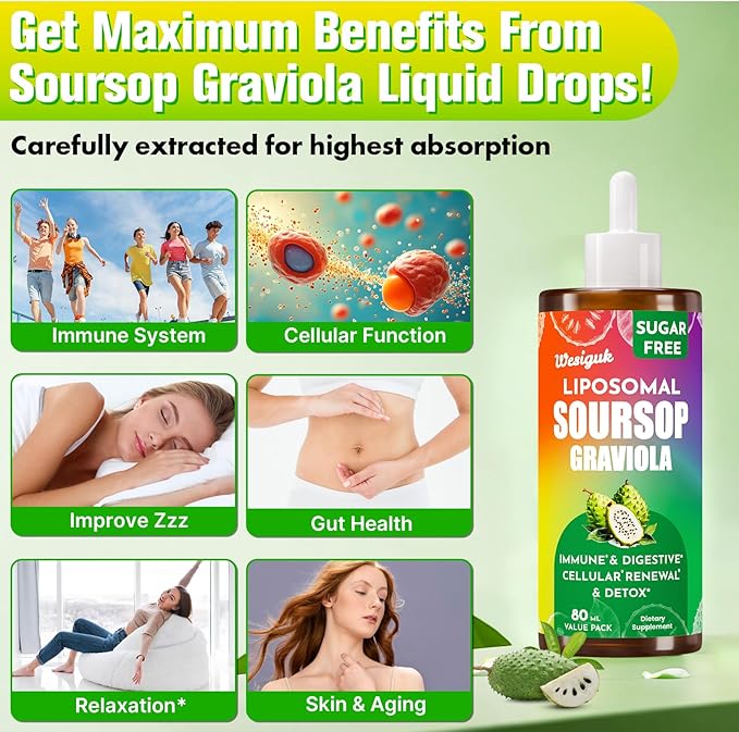 Soursop Bitters Liquid 880MG, Soursop Multivitamin Liquid Drops with Soursop Leaves Herbal Blend, for Cell Support & Regeneration, Immunity, Liver, Gut, Zzz & Antioxidant - 240 Days Supply