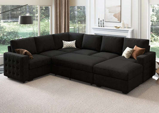HONBAY Sectional Sleeper Sofa with Pull Out Bed U-Shape Sectional Couch with Storage Chaise 6 Seater Sleeper Sectional Sofa Bed, Velvet Black