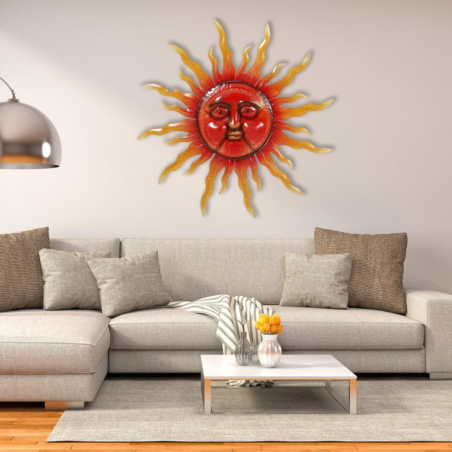 TICKCACY 33" Metal Sun Wall Art Decor, Large Sun Face Wall Art Decoration for Indoor Outdoor, Metal Wall Hanging for Living Room Bedroom Farmhouse Yard Fence Patio Garden