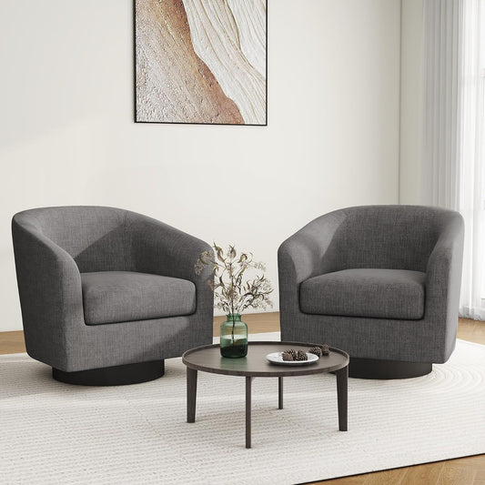Swivel Barrel Accent Chair, Modern Round Linen Arm Chair for Living Room, Bedroom, Comfy Club Reading Chairs for Adults(Linen Fabric, Grey, Set of 2
