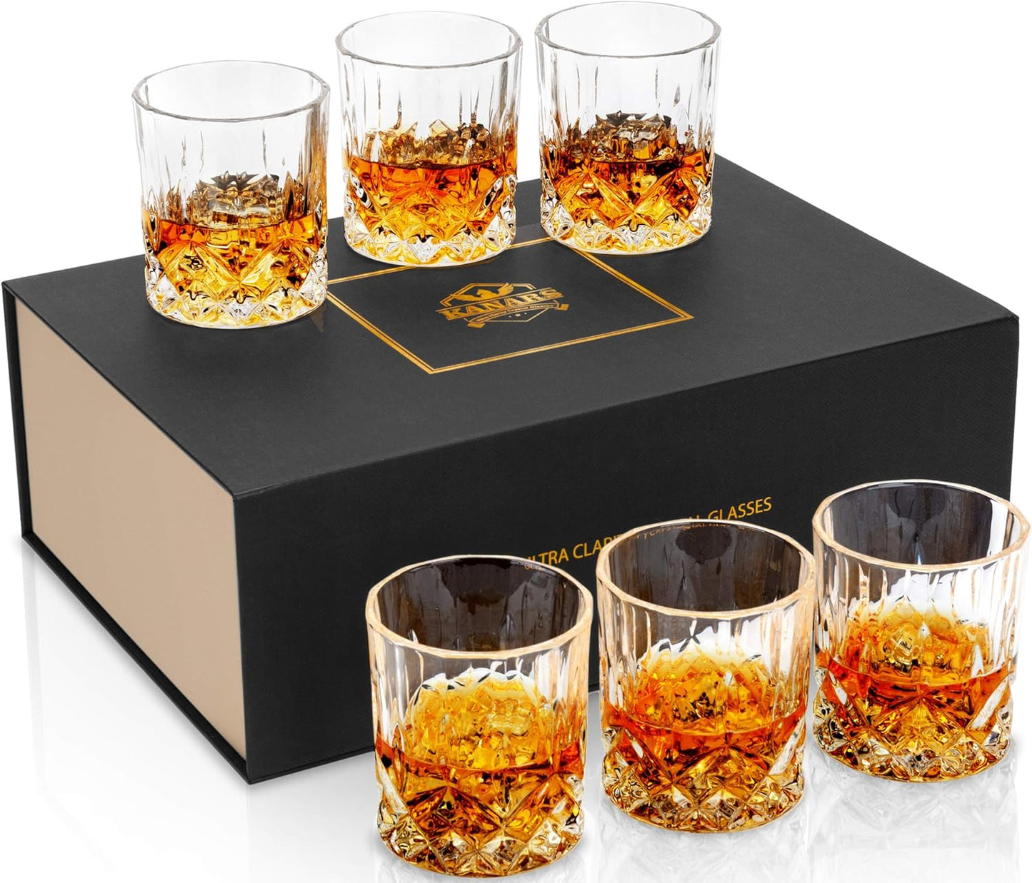 KANARS Whiskey Glasses Set of 6 with Elegant Gift Box,10 Oz Premium Old Fashioned Crystal Glass Tumbler for Liquor, Scotch, Cocktail or Bourbon Drinking, Gifts for Birthday Wedding Anniversary
