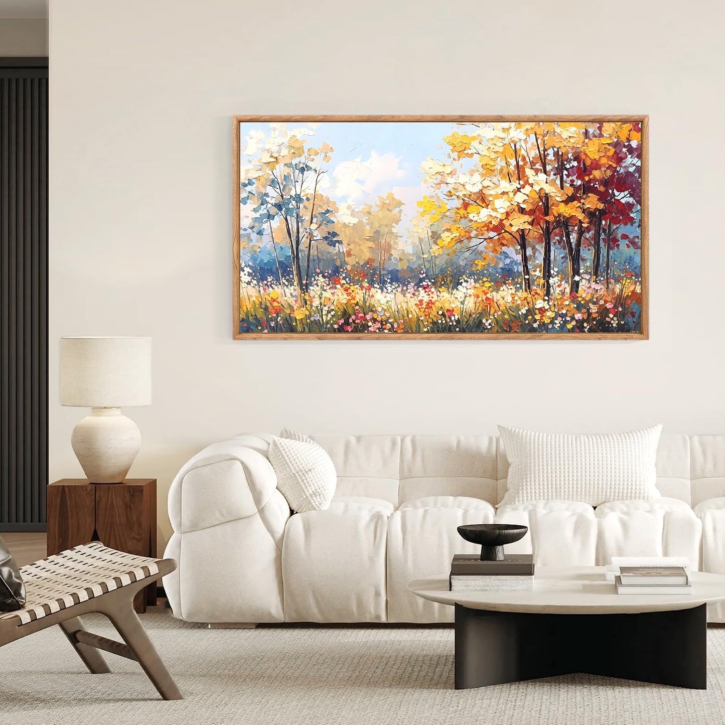 Aurlan Forest Wildflowers Landscape Hand Painted Framed Wall Decor(40"x20"), Vintage Nature Yellow Leaves Scenery 3D Textured Canvas Oil Painting, Classical Watercolor Floral Wall Art for Living Room Bedroom