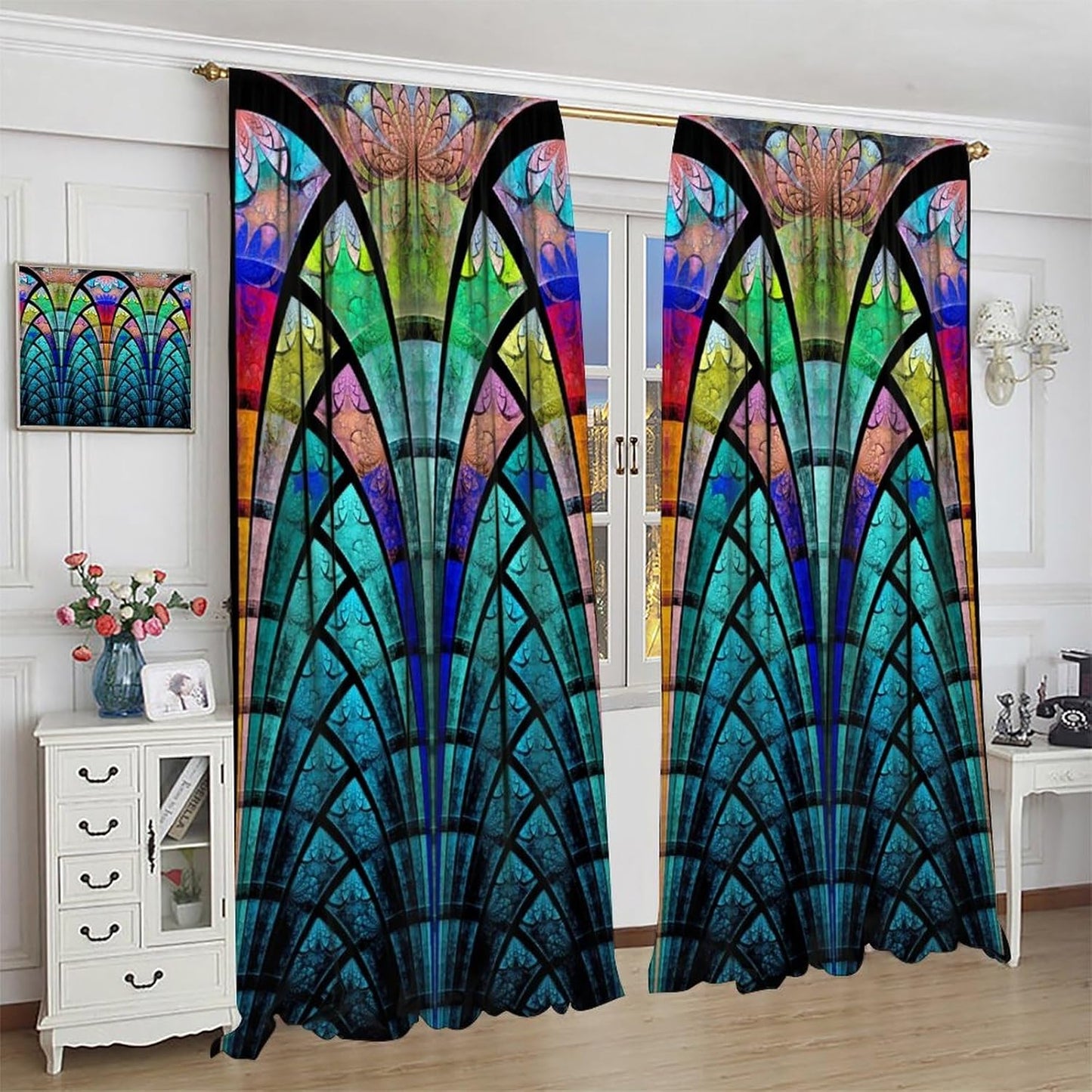 Stained Glass Curtains,Retro Design Style Colorful Abstract Art Home Decor Drapes for Bedroom Living Room Kitchen Window Treatment 2 Panels Set Total Size 52" W X 84" L Inch
