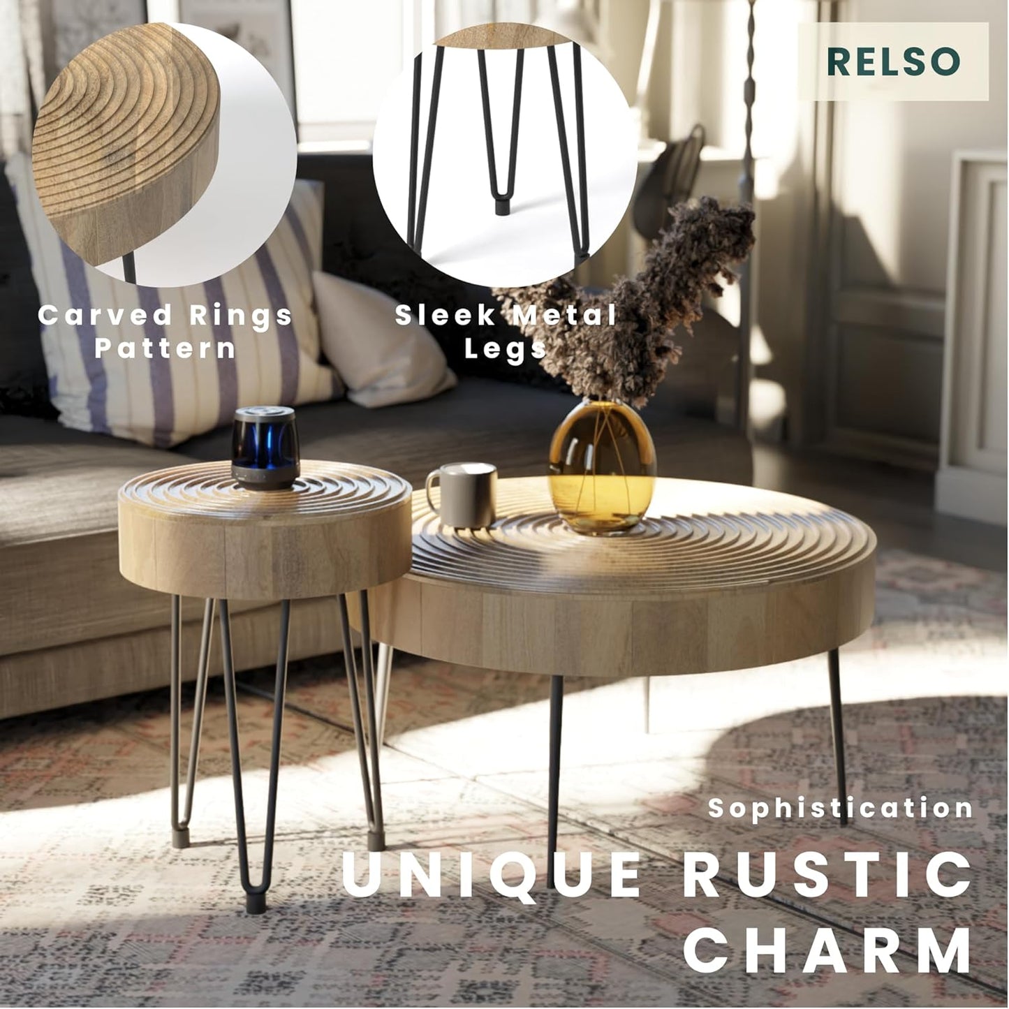 Relso Aspen Round Nesting Coffee Table Set of 2 – Solid Wood Nesting Tables with Metal Legs, Natural Finish | End Table with Ring Pattern | Modern Accent Tables for Living Room, Boho, Farmhouse Decor