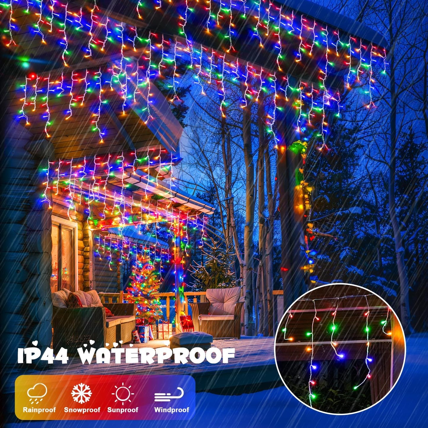 JMEXSUSS 800 LED Christmas Icicle Lights Outdoor Plug-in, Multicolor Waterproof, 8 Modes With 160 Drops for Bedroom House Holiday Party Decorations