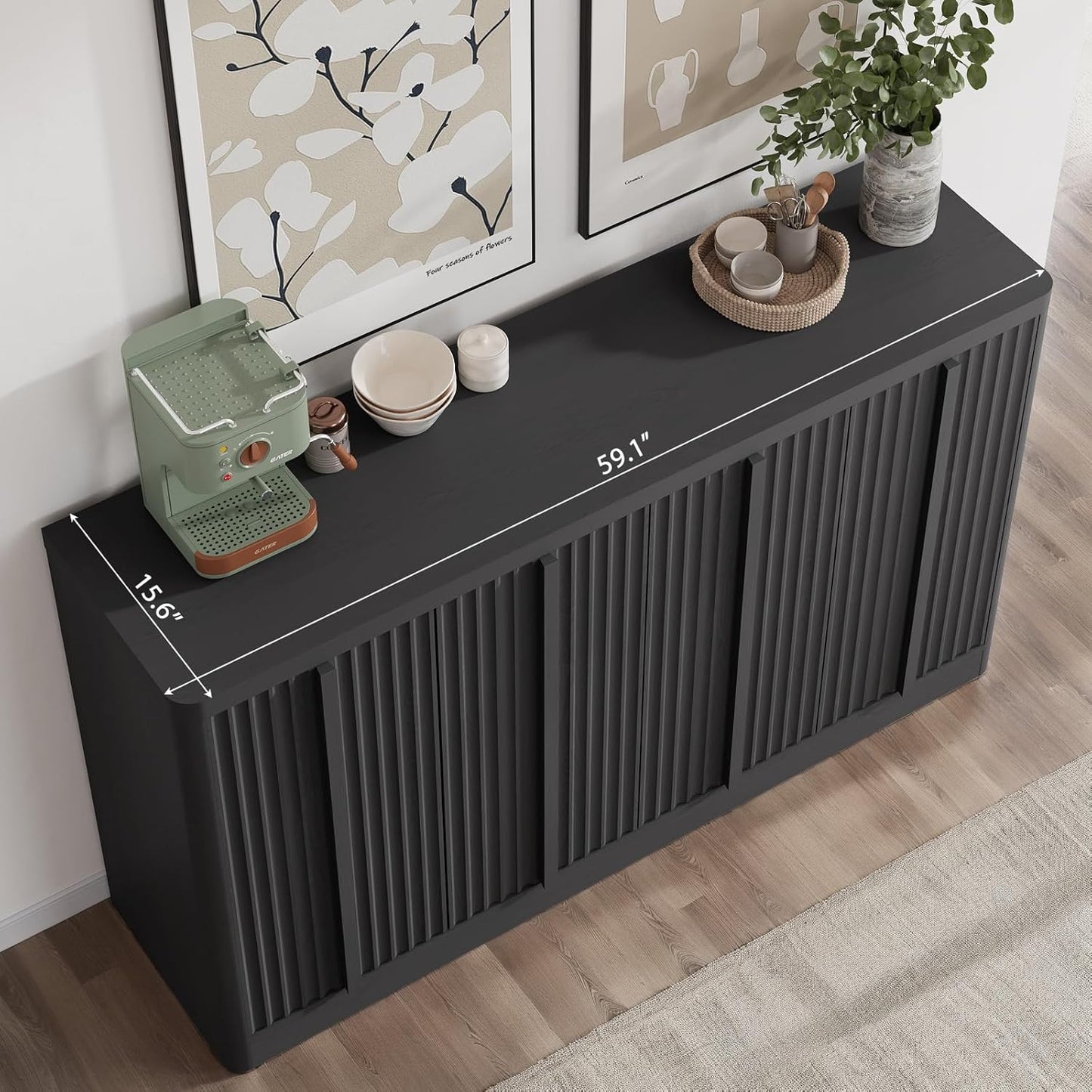Fluted Buffet Cabinet with Storage, 60" Sideboard Buffet Storage Cabinet with 4 Doors & Adjustable Shelves, Wood Coffee Bar Credenza Accent Cabinet for Kitchen, Dining Room, Living Room, Black(1PCS)