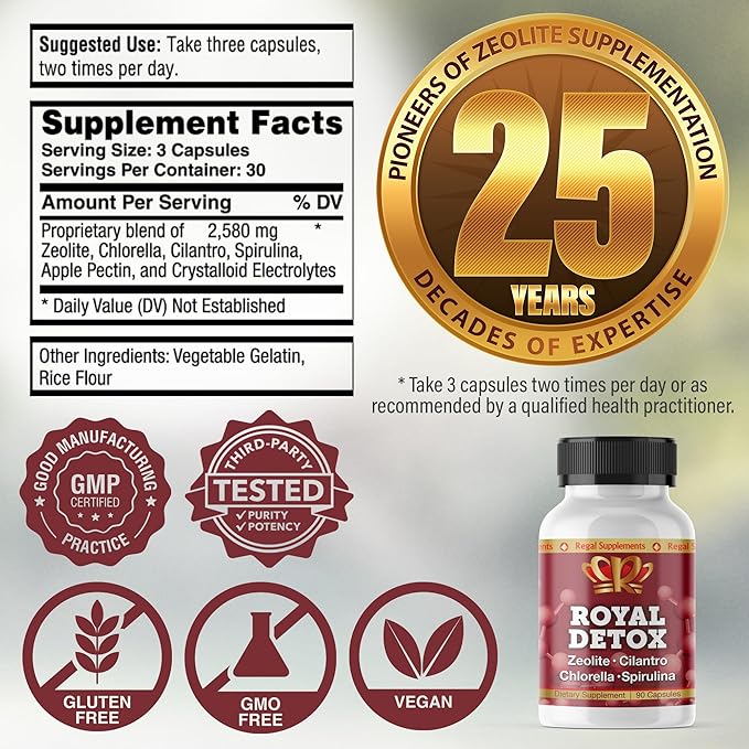 Royal Detox - All-in-One Cleanse | Zeolite, Cilantro, Chlorella, Spirulina, Apple Pectin | Full Body, Liver, Colon Detox | Supports Energy, Mood, Immunity, Gut Health, Reduced Inflammation 90 Capsules