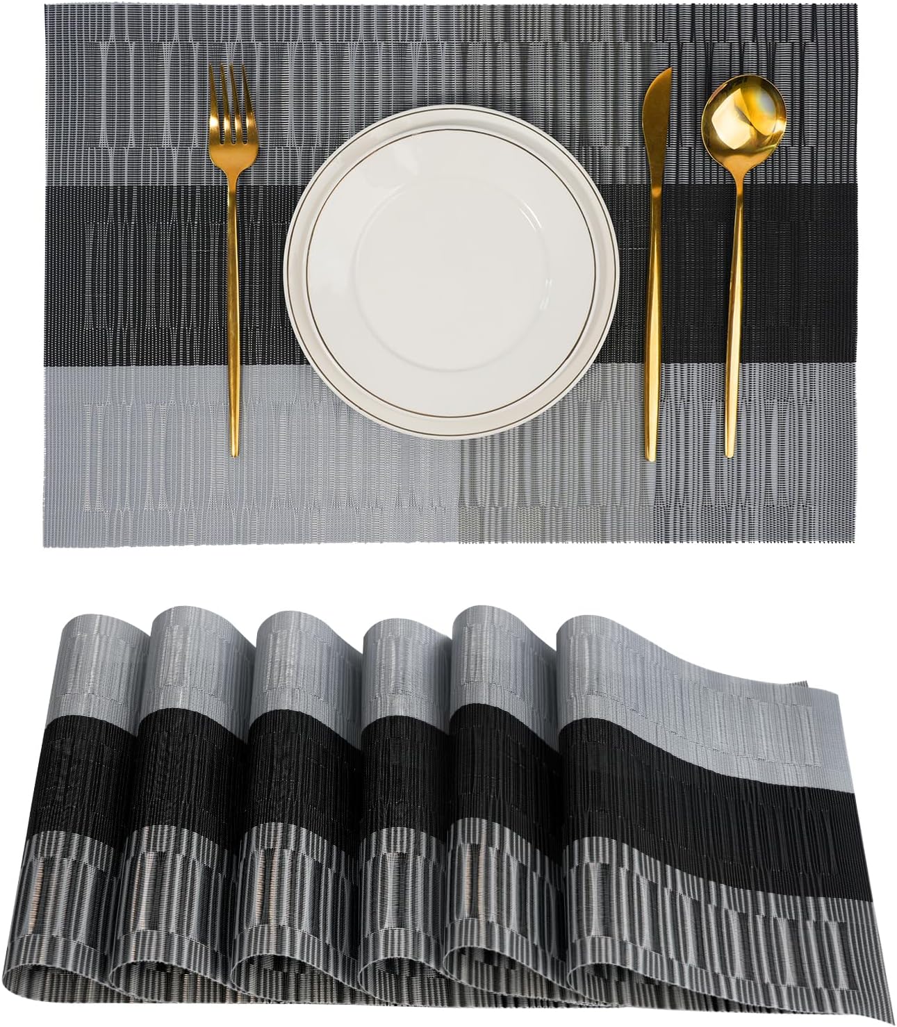 Placemats Set of 6,Non-Slip PVC Weave Table Mats Easy to Clean,Heat Resistant Place Mats for Kitchen Dining Table Decoration Indoor Outdoor,Black Gray