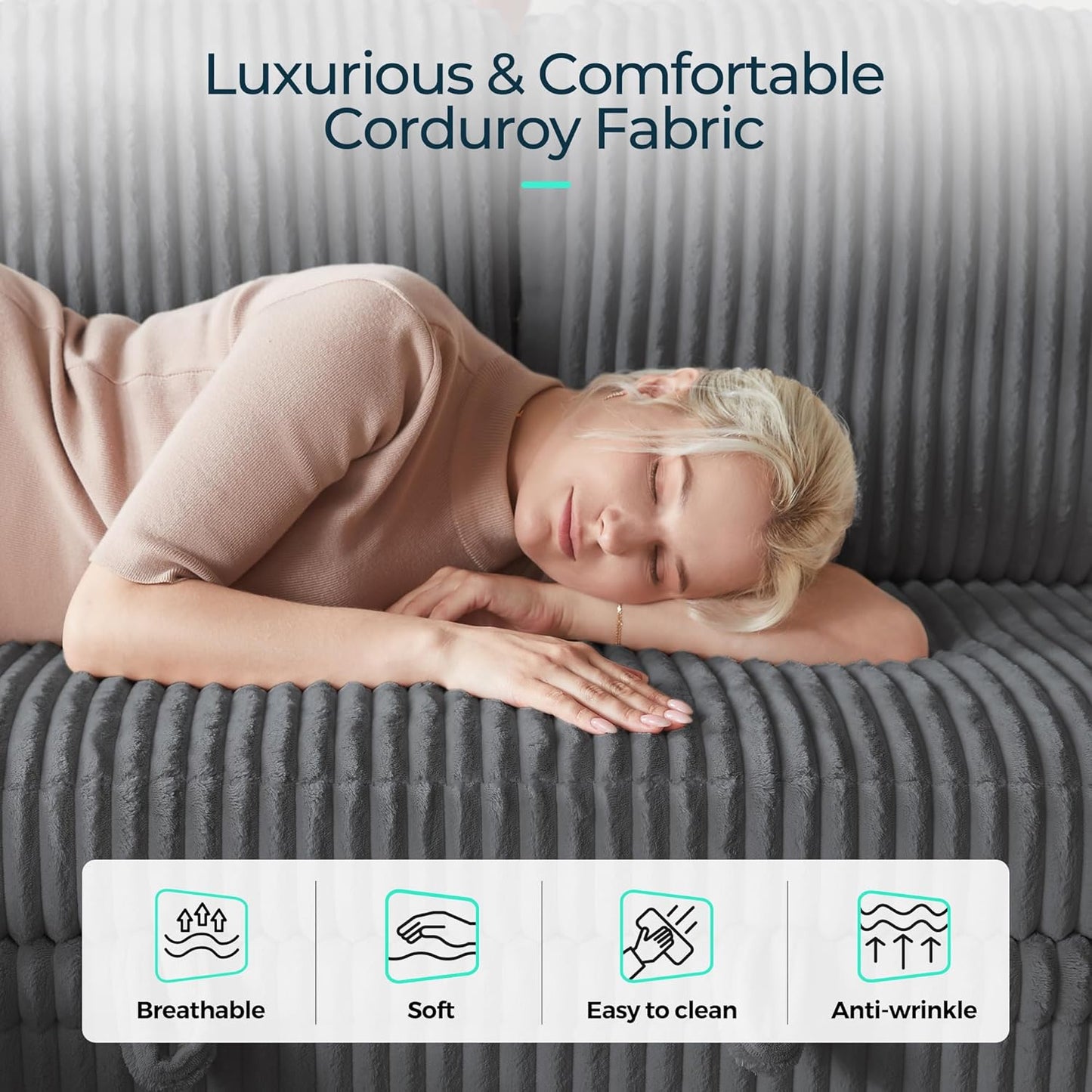 LINSY HOME Sectional Sleeper Sofa with Pull Out Couch Bed - Convertible Plush Corduroy Cloud Couch with Storage Chaise & USB Charging, Comfy Modular Couches for Living Room, Grey