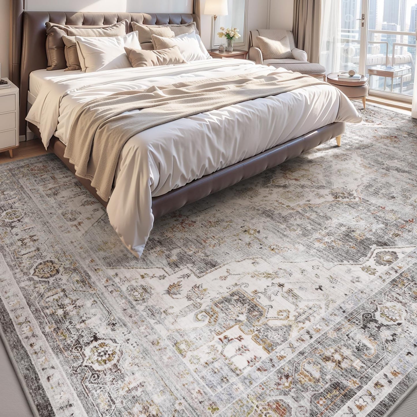 AMOAMI-Area Rug 8X10 Rugs for Living Room-Vintage Soft Grey Rugs for Bedroom-Non Slip Carpet-Washable Rug for Dining Room Living Room Bedroom Office Under Table