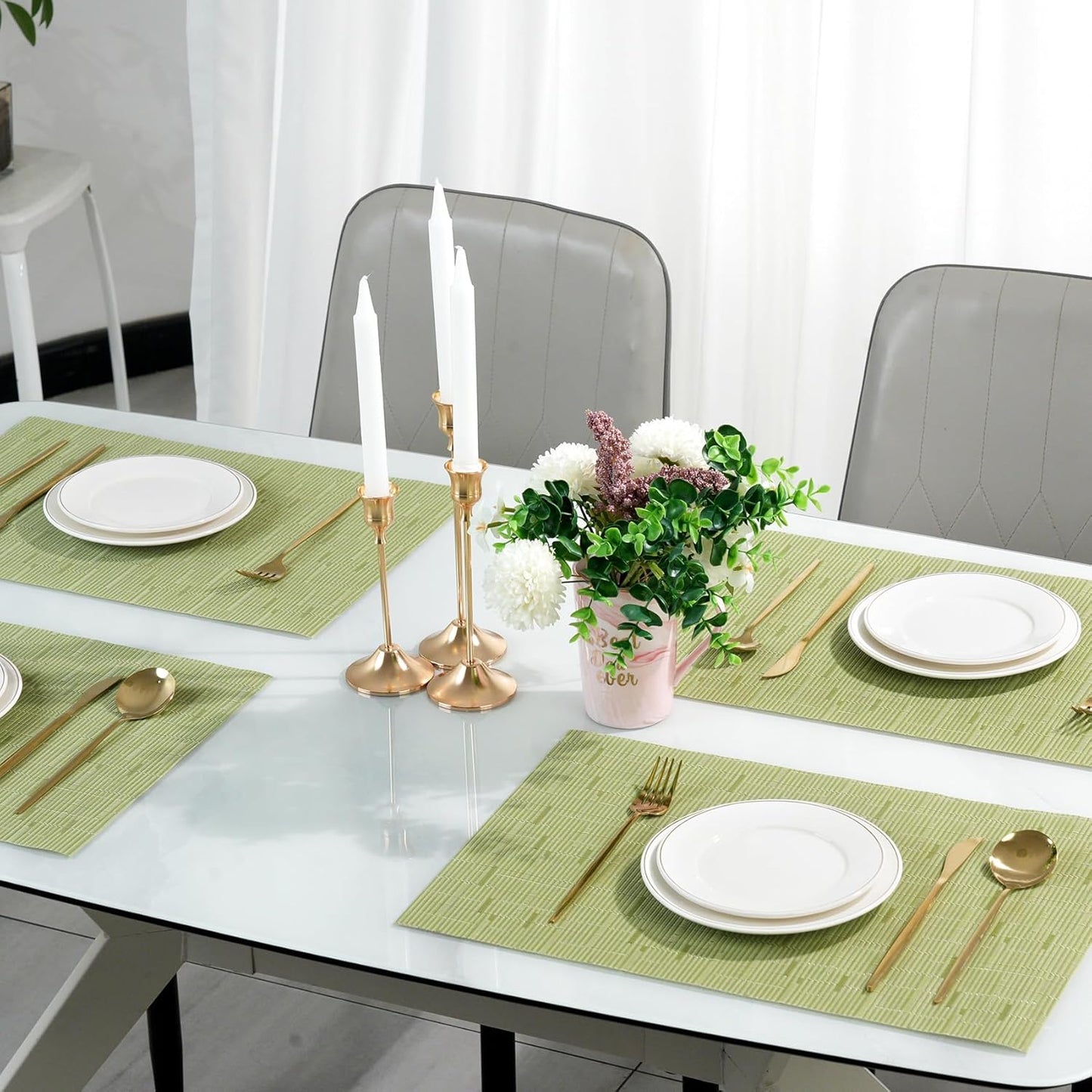 Placemats Set of 6,Non-Slip PVC Weave Table Mats Easy to Clean,Heat Resistant Place Mats for Kitchen Dining Table Decoration Indoor Outdoor,Pea Green