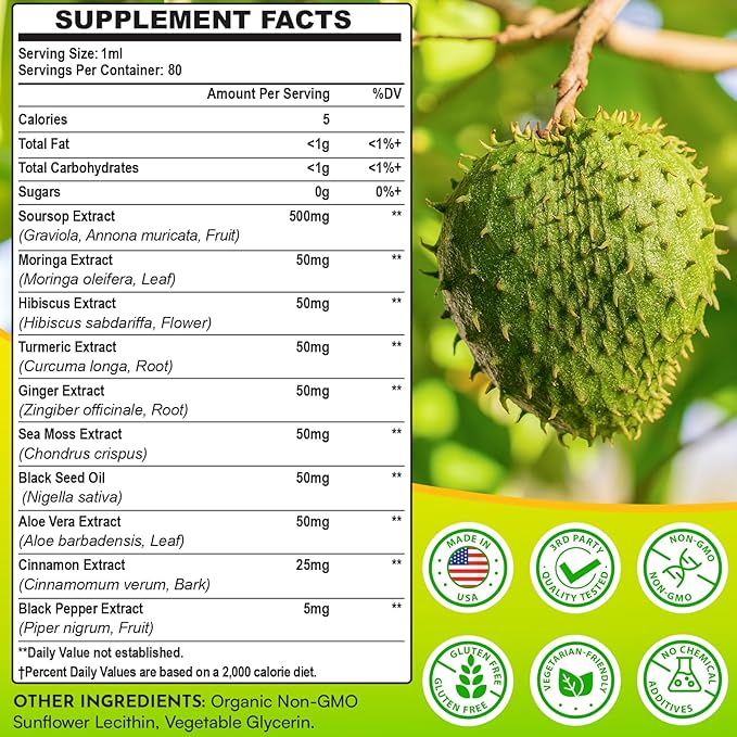 Soursop Bitters Liquid 880MG, Soursop Multivitamin Liquid Drops with Soursop Leaves Herbal Blend, for Cell Support & Regeneration, Immunity, Liver, Gut, Zzz & Antioxidant - 240 Days Supply