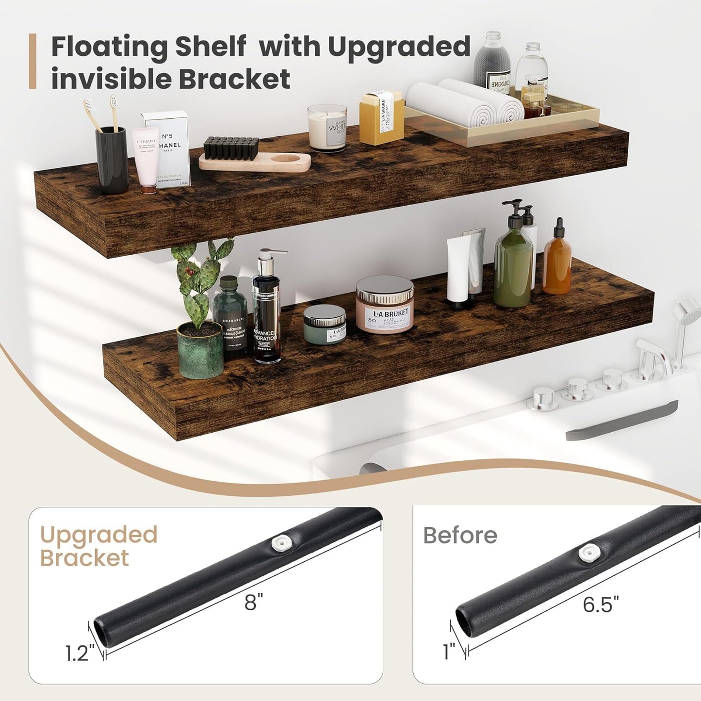 Heimlove 12" Deep Floating Shelves, 36 x 12 Inch Wall Mounted Long Floating Shelf with Invisible Brackets, for Home Decor, Bedroom, Kitchen, Living Room, Bathroom - 2 Pack, Rustic Brown