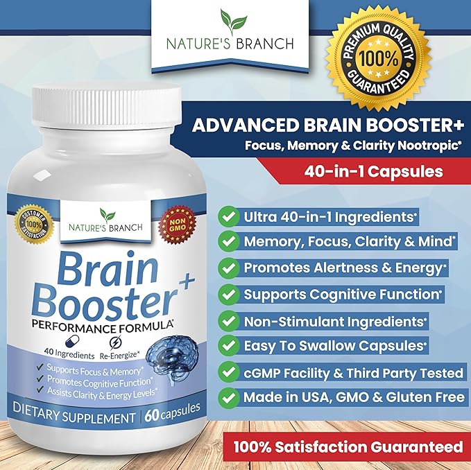 40-in-1 Brain Booster Supplement For Focus, Memory, Clarity, Energy | Advanced Vitamins Plus eBook | For Men & Women, Cognitive Function Nootropic Support with DMAE, Brain Health Formula | 60 Capsules