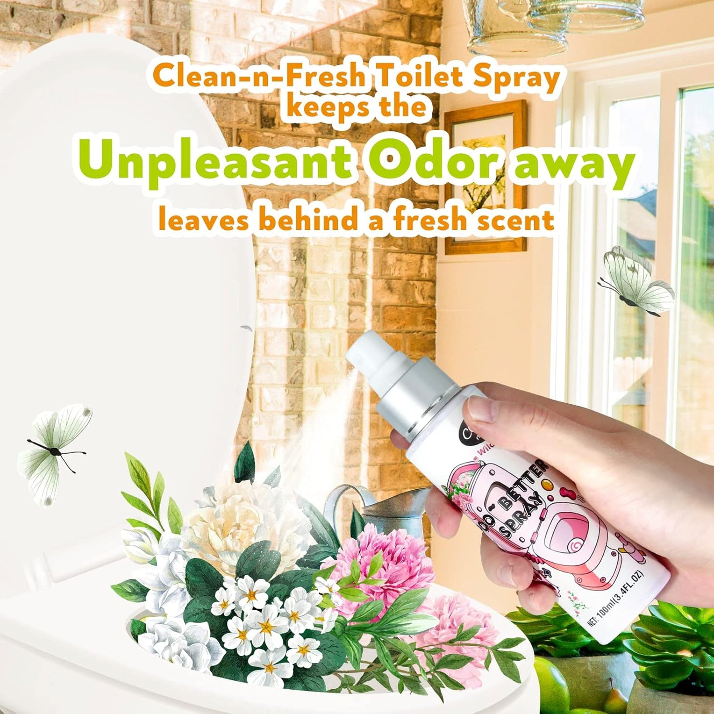 Clean-n-Fresh Toilet Spray, Wild Peony Scent, Bathroom Odor Eliminator & Air Freshener For Room, Trash Cans, Shoes, Fabrics, 3.4 Fl Oz(2 Pack)