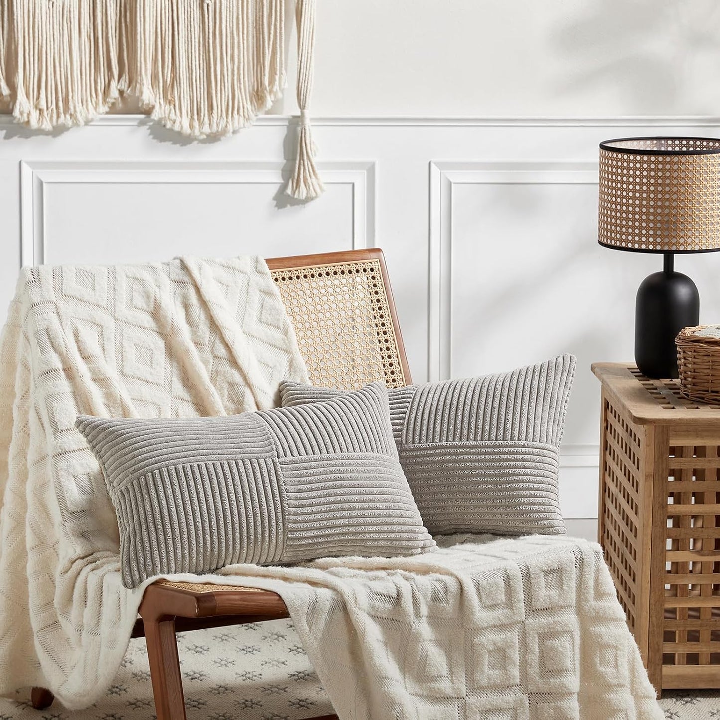 Fancy Homi 2 Packs Neutral Grey Lumbar Decorative Throw Pillow Covers 12x20 Inch for Living Room Couch Bed Sofa, Farmhouse Home Decor, Soft Striped Corduroy Rectangle Accent Cushion Case 30x50 cm