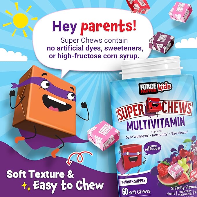 FORCE FACTOR Kids Multivitamin Super Chews, 18 Vitamins, 2-Month Supply, 60 Soft