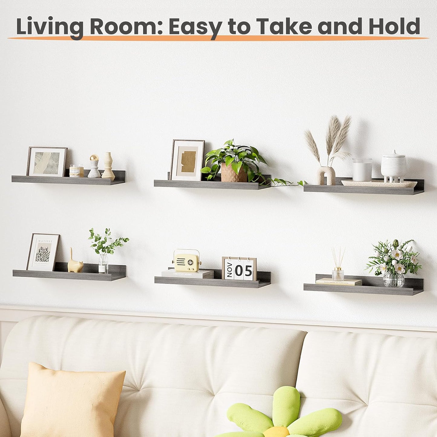 upsimples Floating Shelves for Wall, Wall Shelves for Decor Storage Set of 6, Wall Mounted Wood Shelf for Bedroom, Living Room, Bathroom, Kitchen, Picture Ledge Shelf, Grey